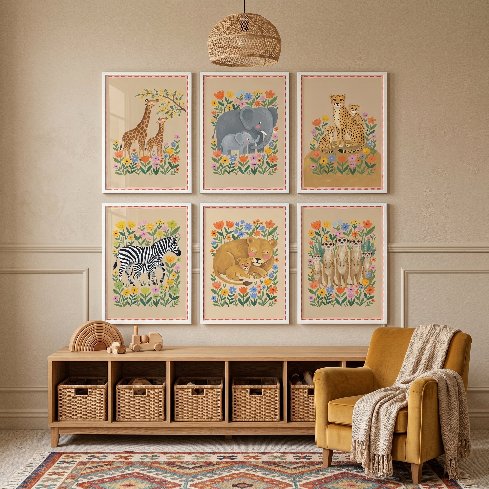 Folk Floral Safari Animal Wall Art Set Of 6 - Savannah Family Blooms