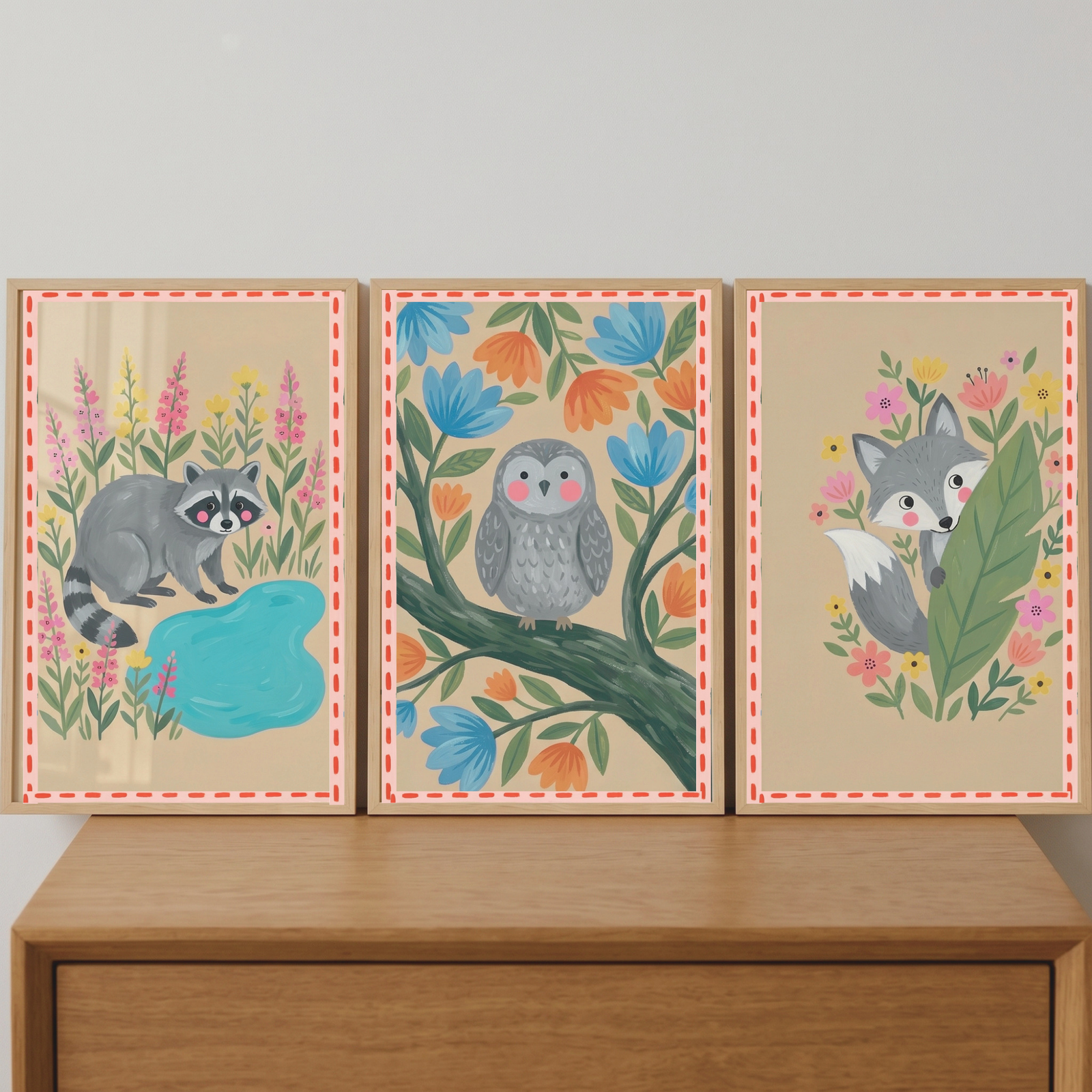 Folk floral woodland animal wall art set of 3 featuring a raccoon, owl, and fox displayed on a wooden dresser.
