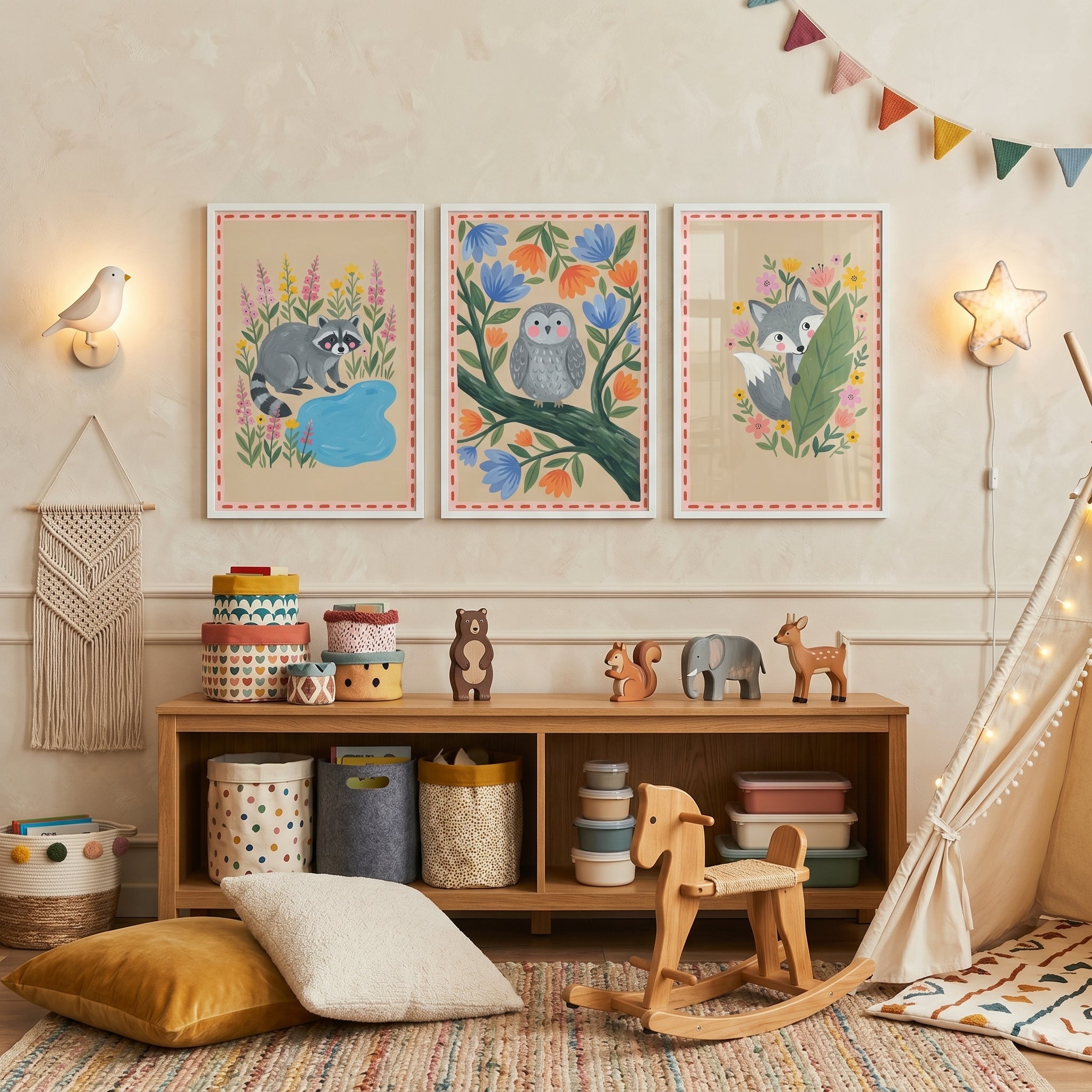 Folk Floral Woodland Animal Wall Art Set Of 3 - Whimsical Forest Friends