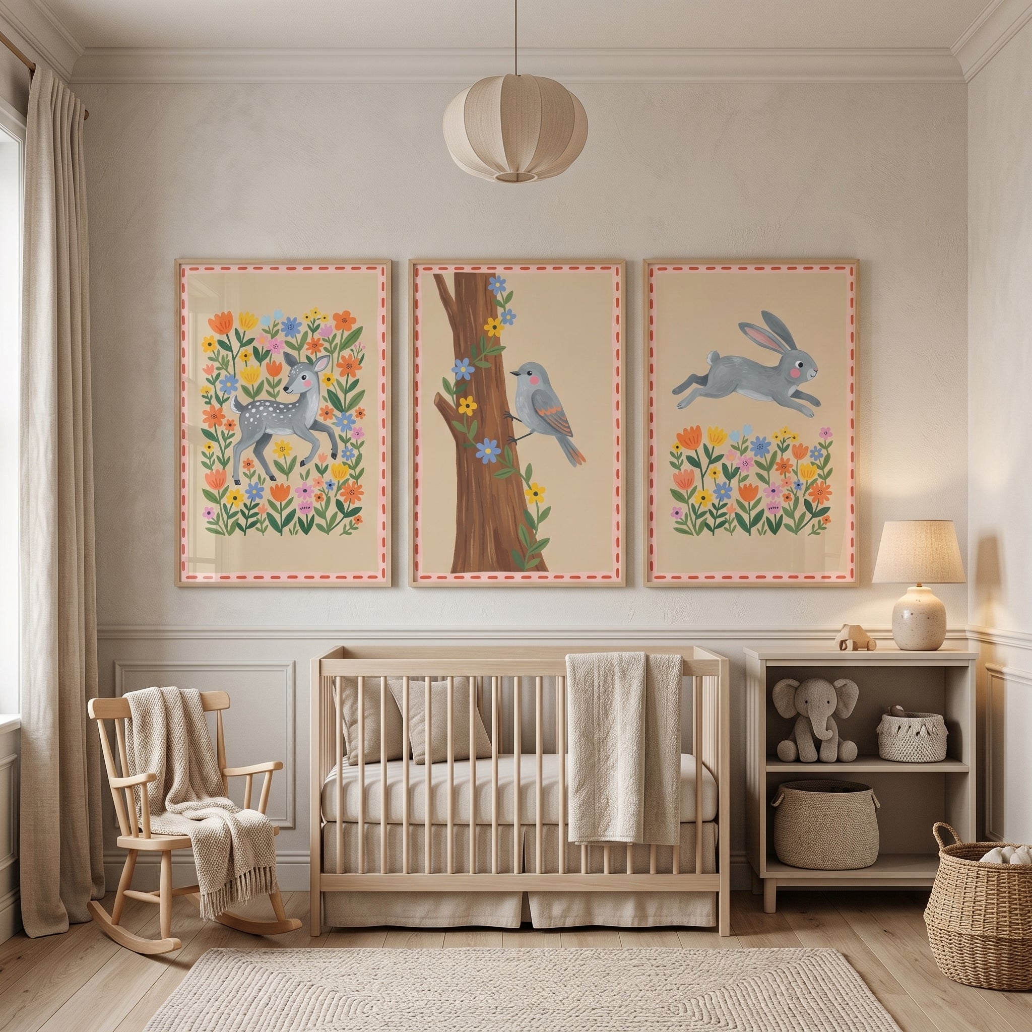 Folk Floral Woodland Animals Wall Art Set Of 3 - Forest Bloom Friends