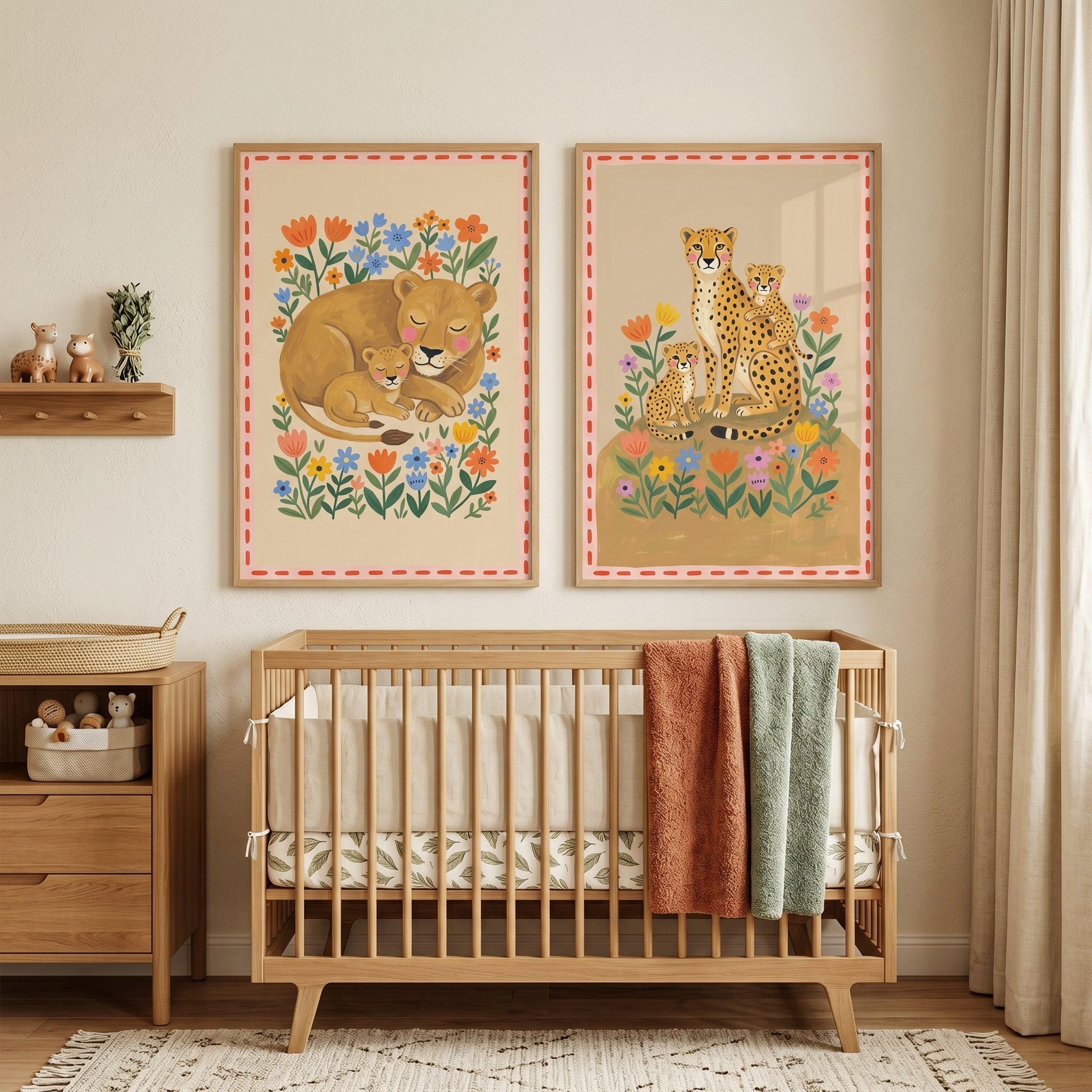 Folk Garden Big Cat Wall Art Set Of 2 - Wild Family Bloom