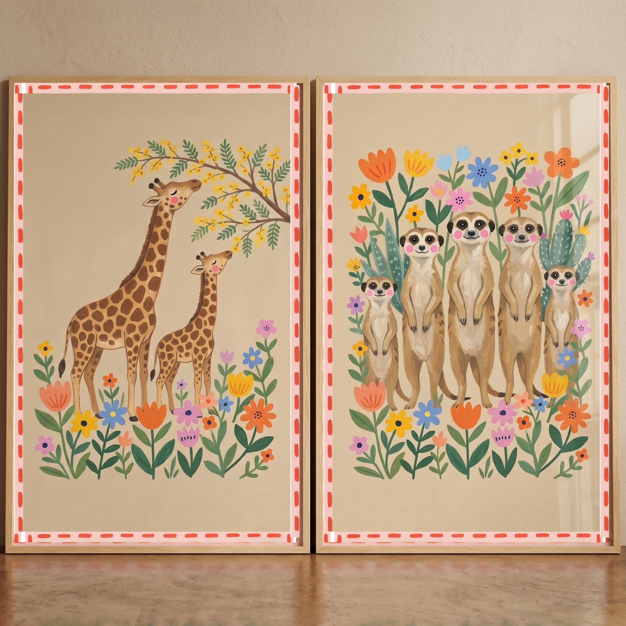 Folk Garden Safari Animal Wall Art Set Of 2 - Safari Floral Friends
