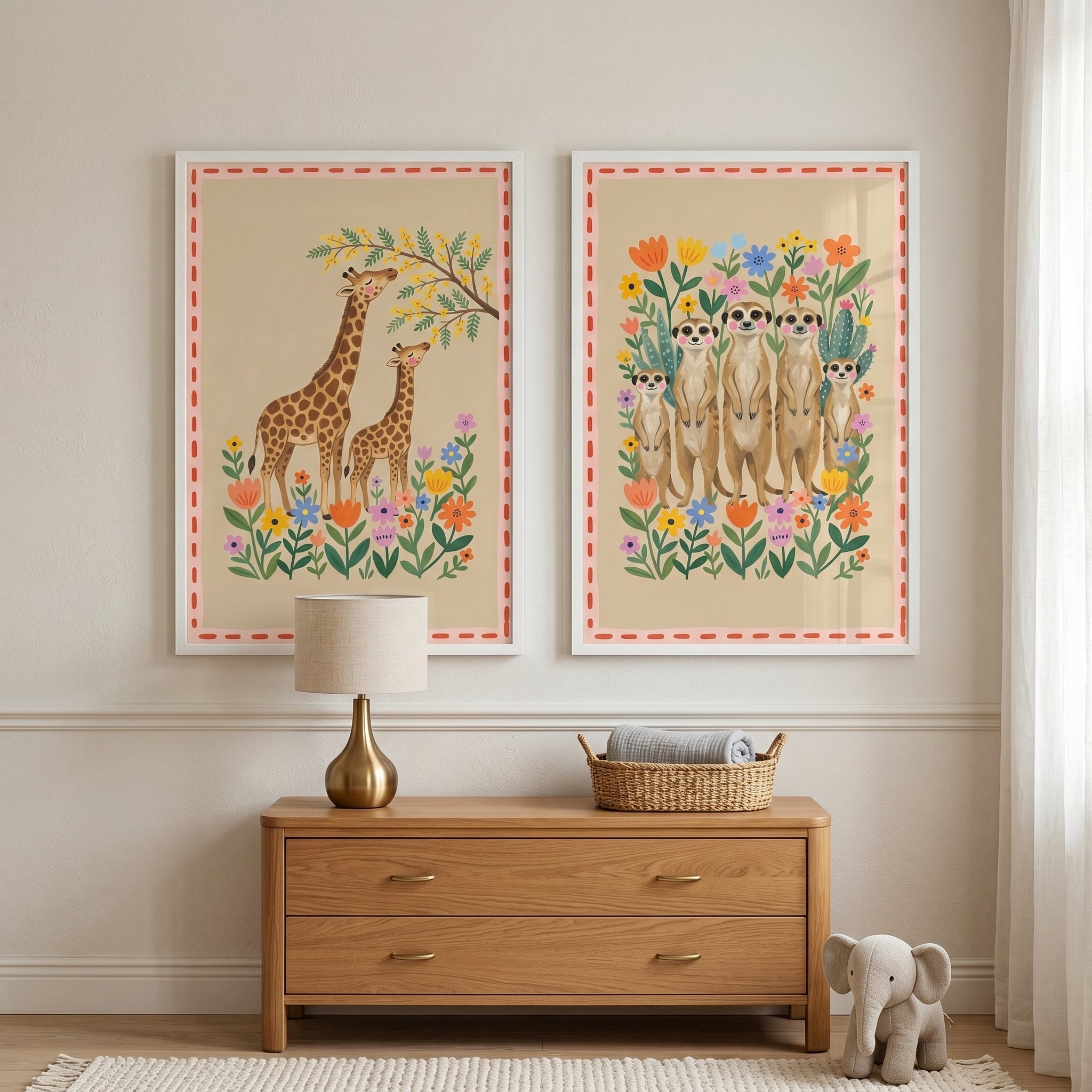Folk Garden Safari Animal Wall Art Set Of 2 - Safari Floral Friends