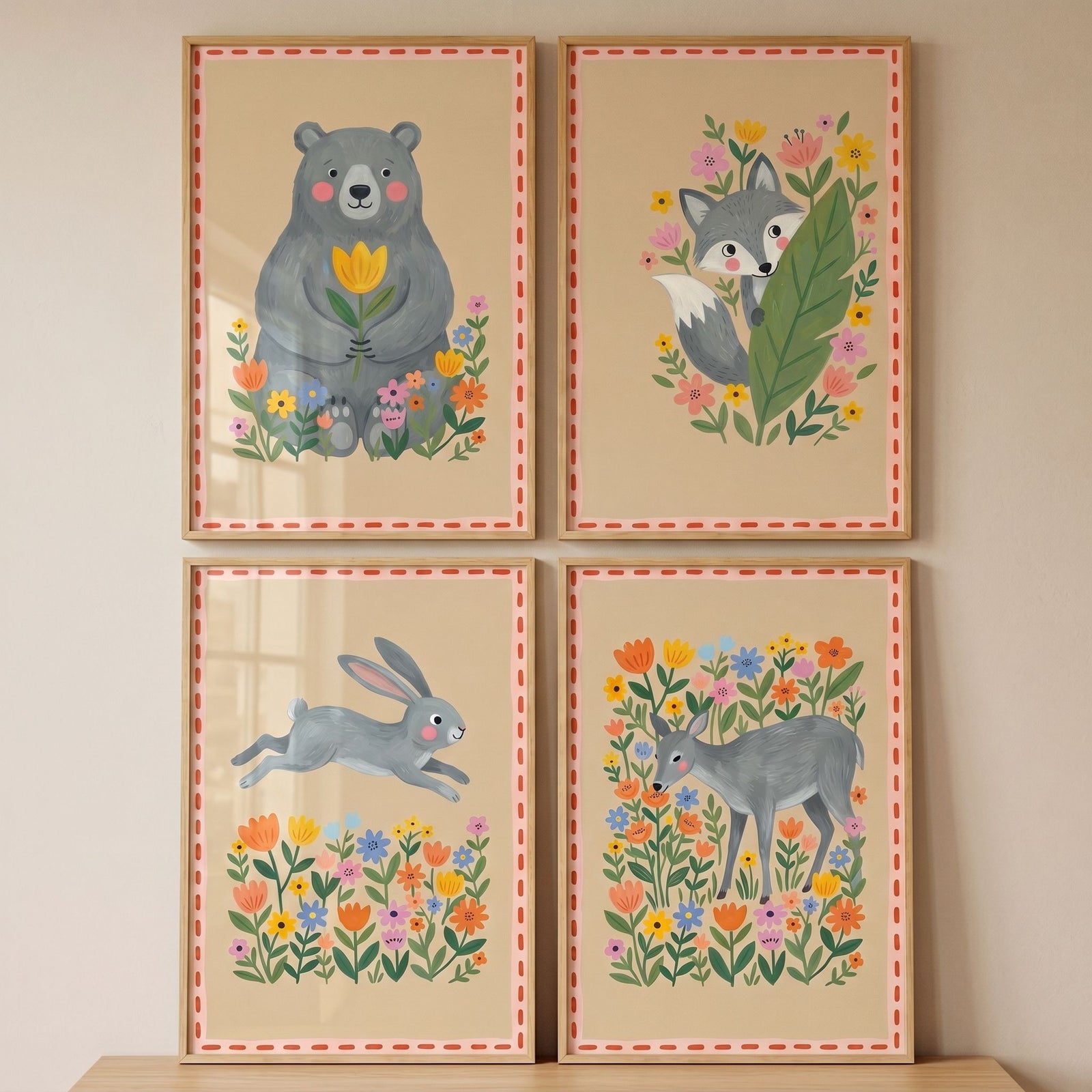 Folk garden woodland animals wall art set of 4 featuring a bear, fox, rabbit, and deer amongst colorful flowers.