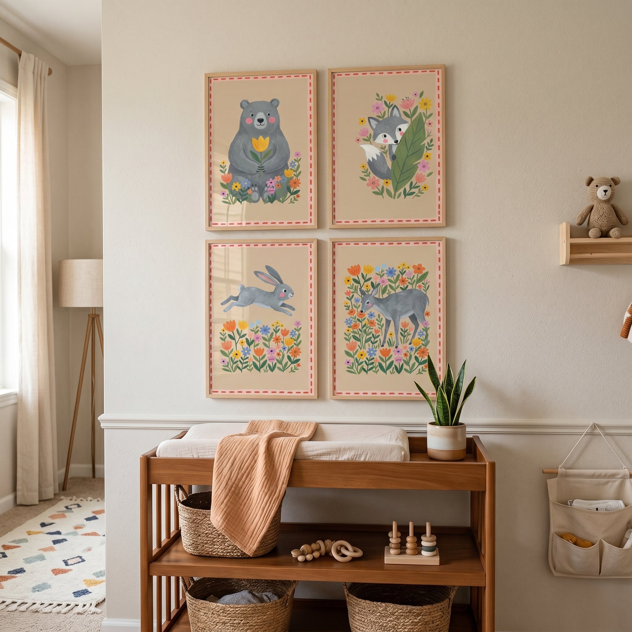 Folk Garden Woodland Animals Wall Art Set Of 4 - Floral Meadow Animals