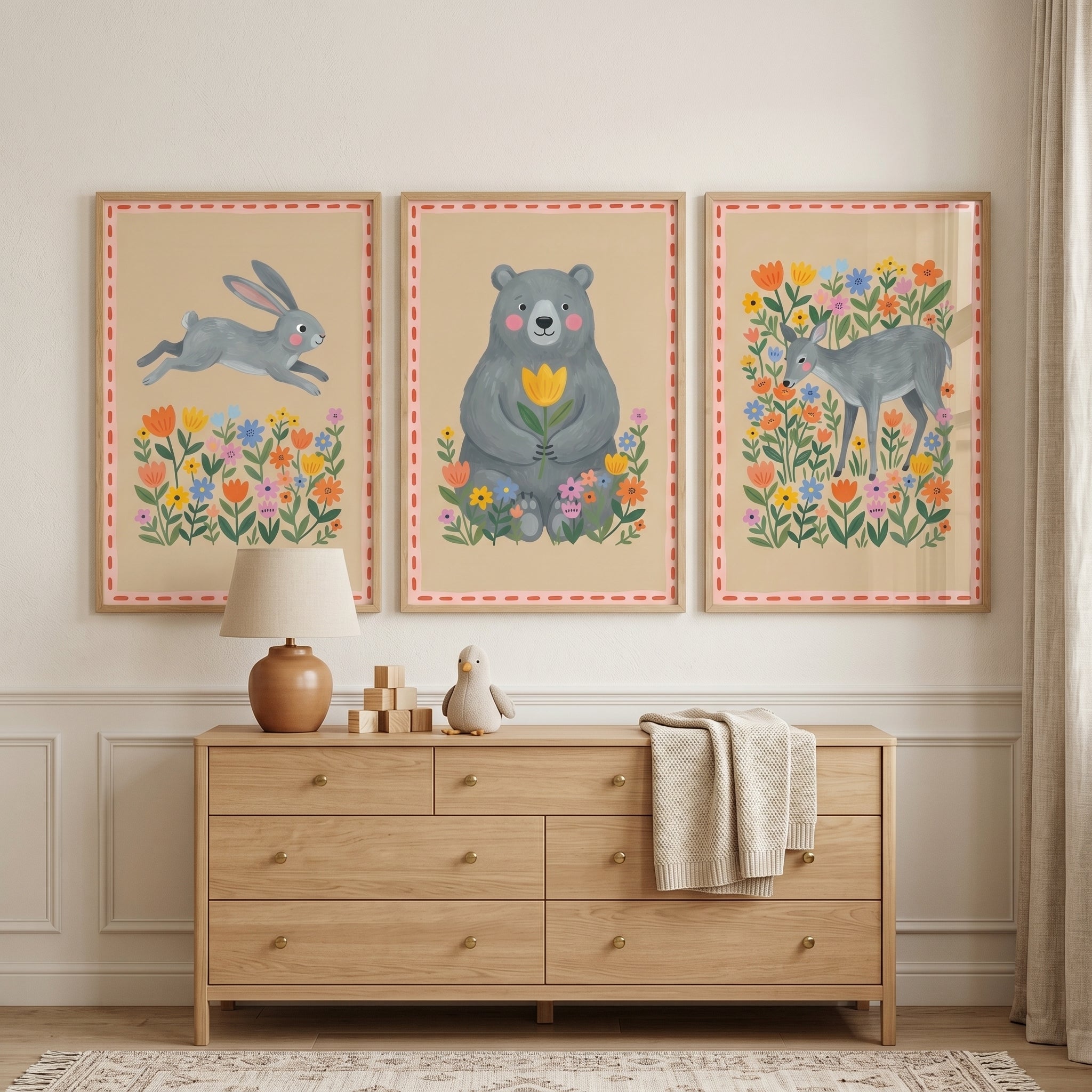 Folk Grey Forest Animal Wall Art Set Of 3 - Whimsical Nature Trio