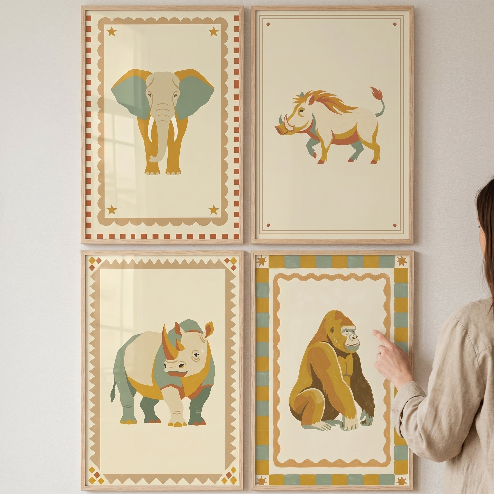 Folk Retro Safari Animal Wall Art Set of 4 - Vintage Safari Portraits