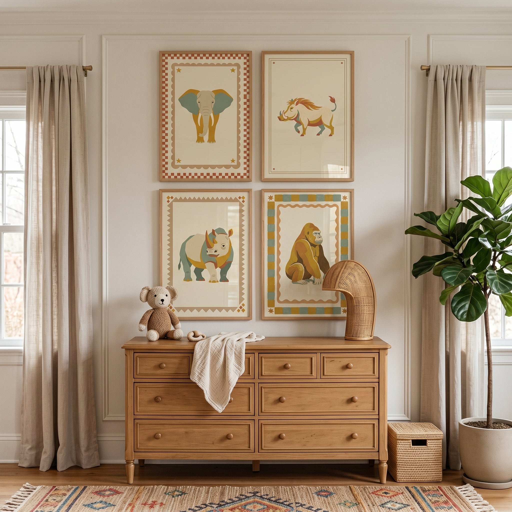 Folk Retro Safari Animal Wall Art Set of 4 - Vintage Safari Portraits