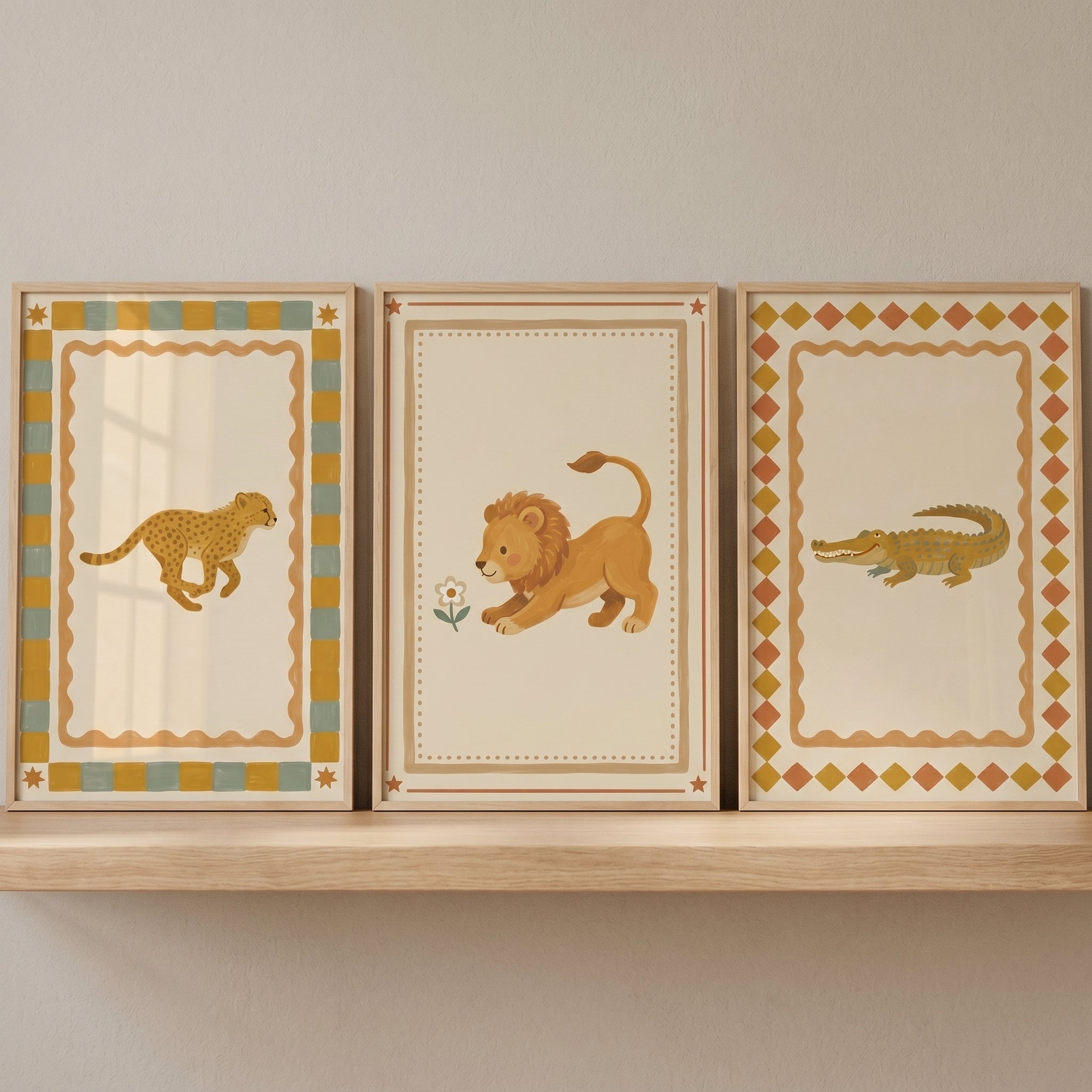 Folk Safari Animal Wall Art Set of 3 - Playful Safari Friends