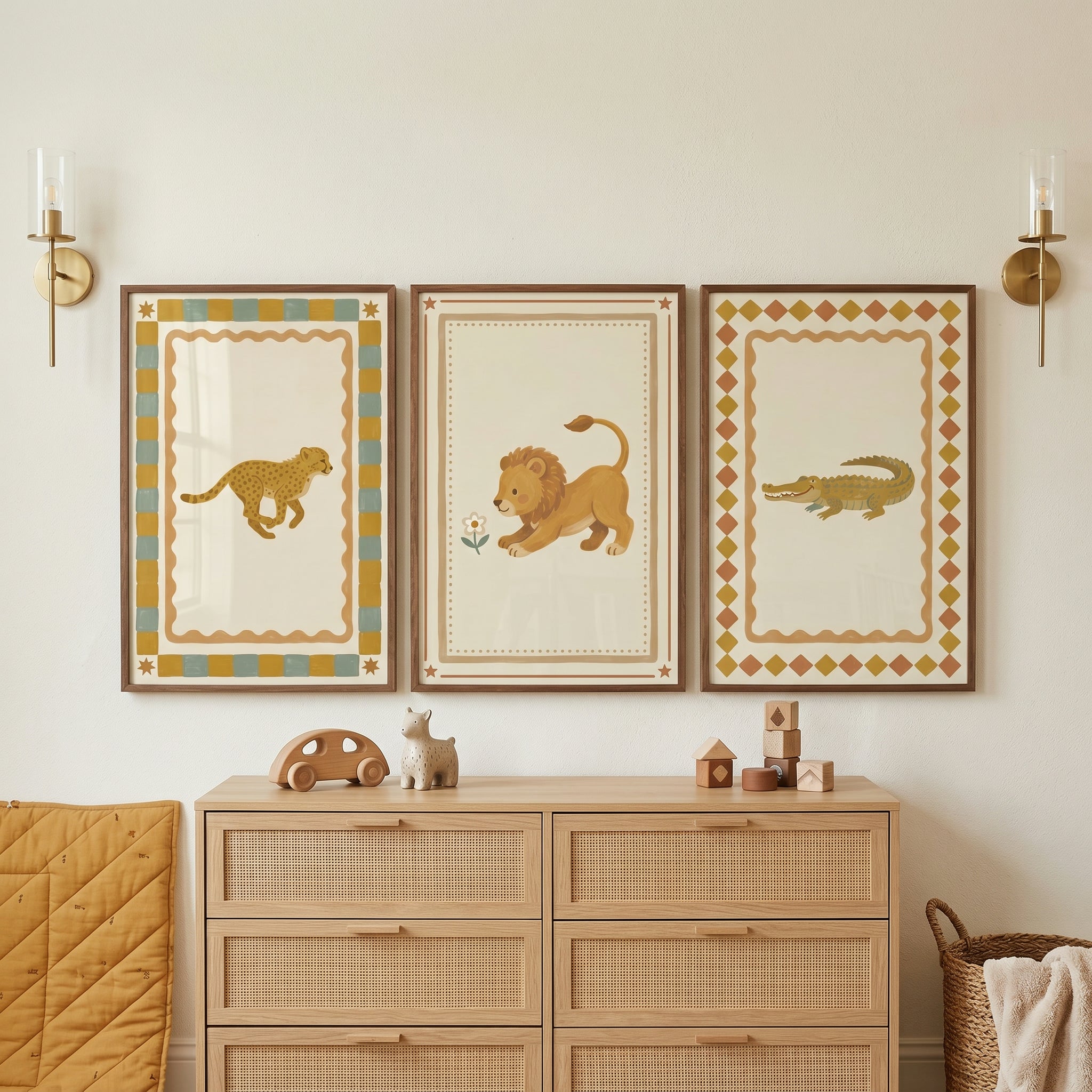 Folk Safari Animal Wall Art Set of 3 - Playful Safari Friends