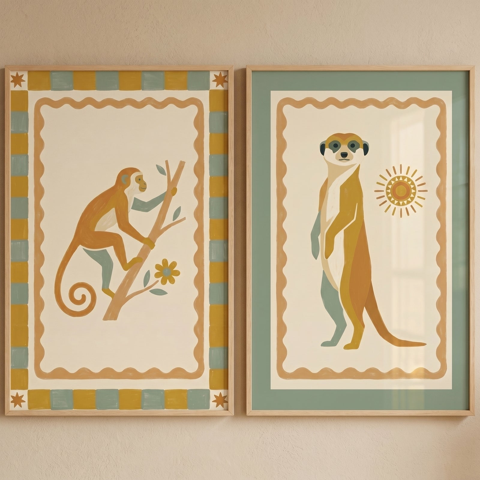 Earthy folk sage safari animal wall art set of 2 featuring a monkey on a branch and a meerkat with a sun icon.