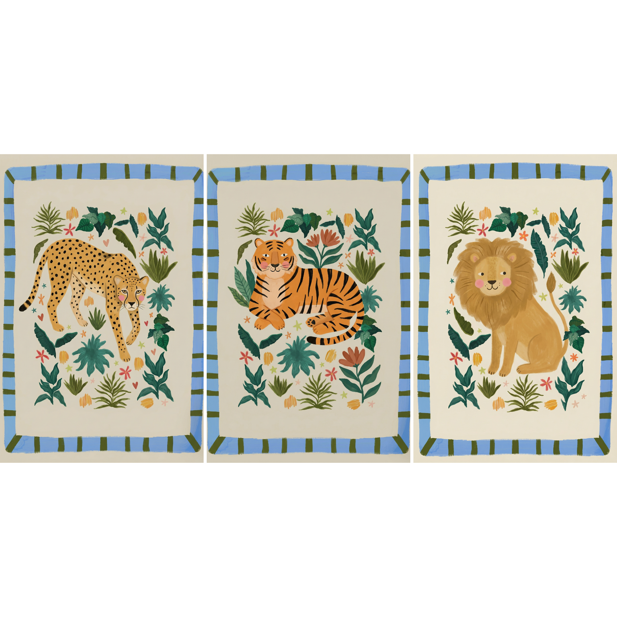 Folk Style Botanical Cat Wall Art Set of 3 - Whimsical Wild Cats