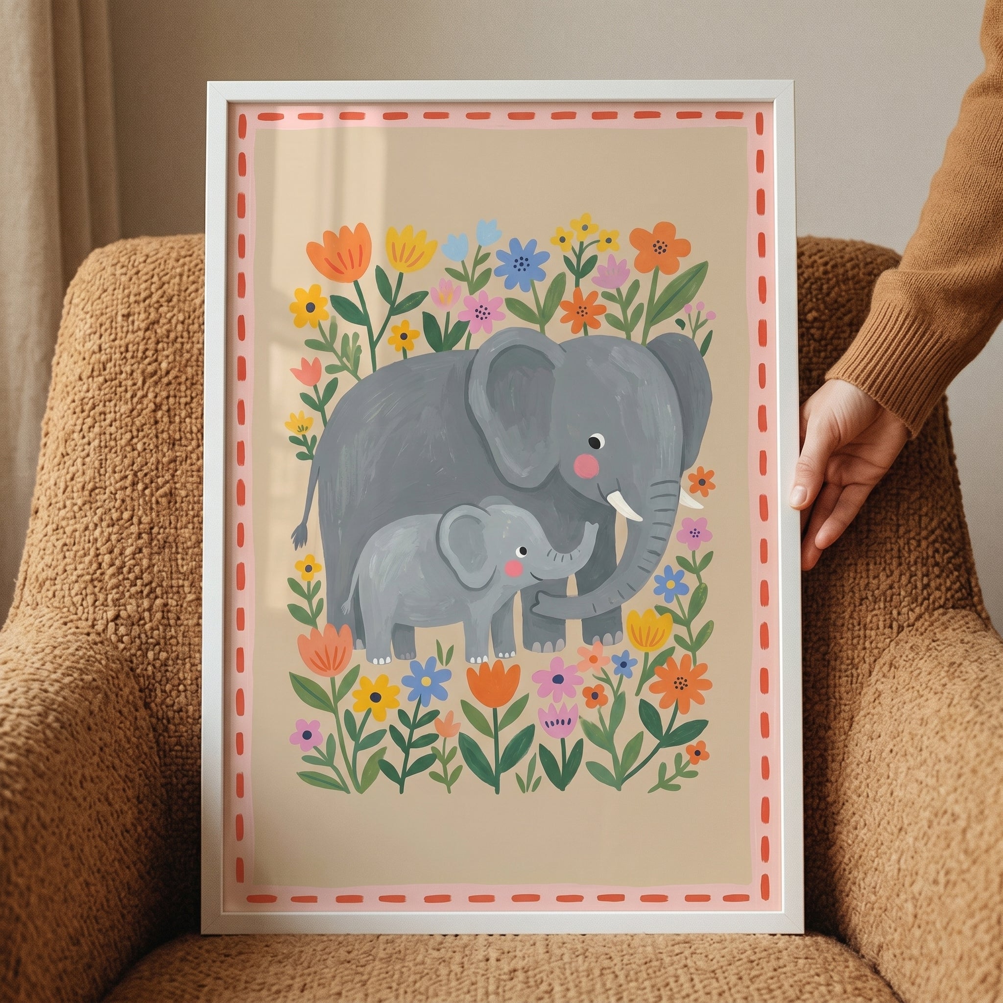 Folk Style Floral Elephant Print - Floral Elephant Family