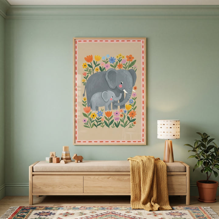 Folk style floral elephant print on a green wall above a wooden bench with a yellow blanket, lamp, and potted plant.