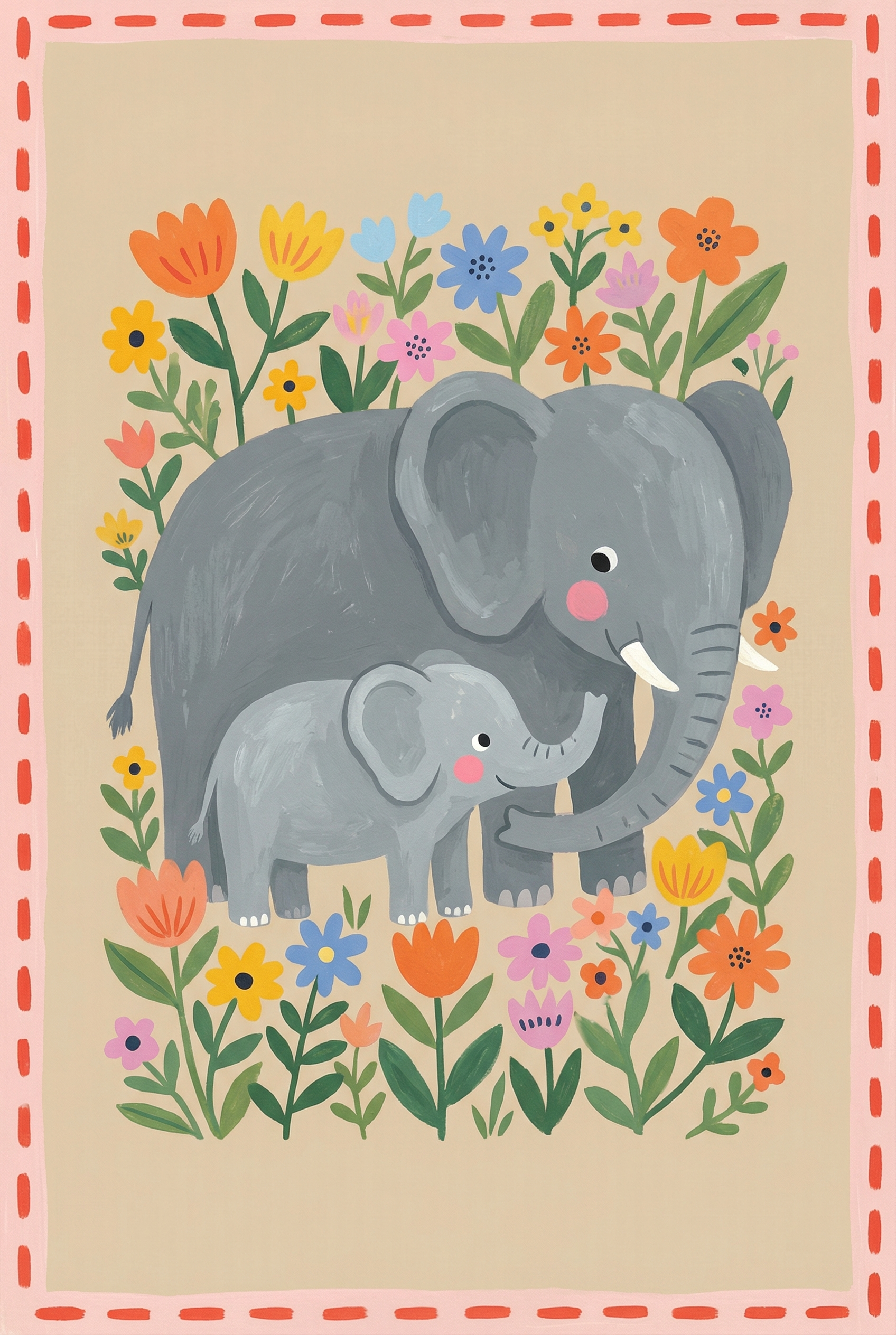 Folk Style Floral Elephant Print - Floral Elephant Family