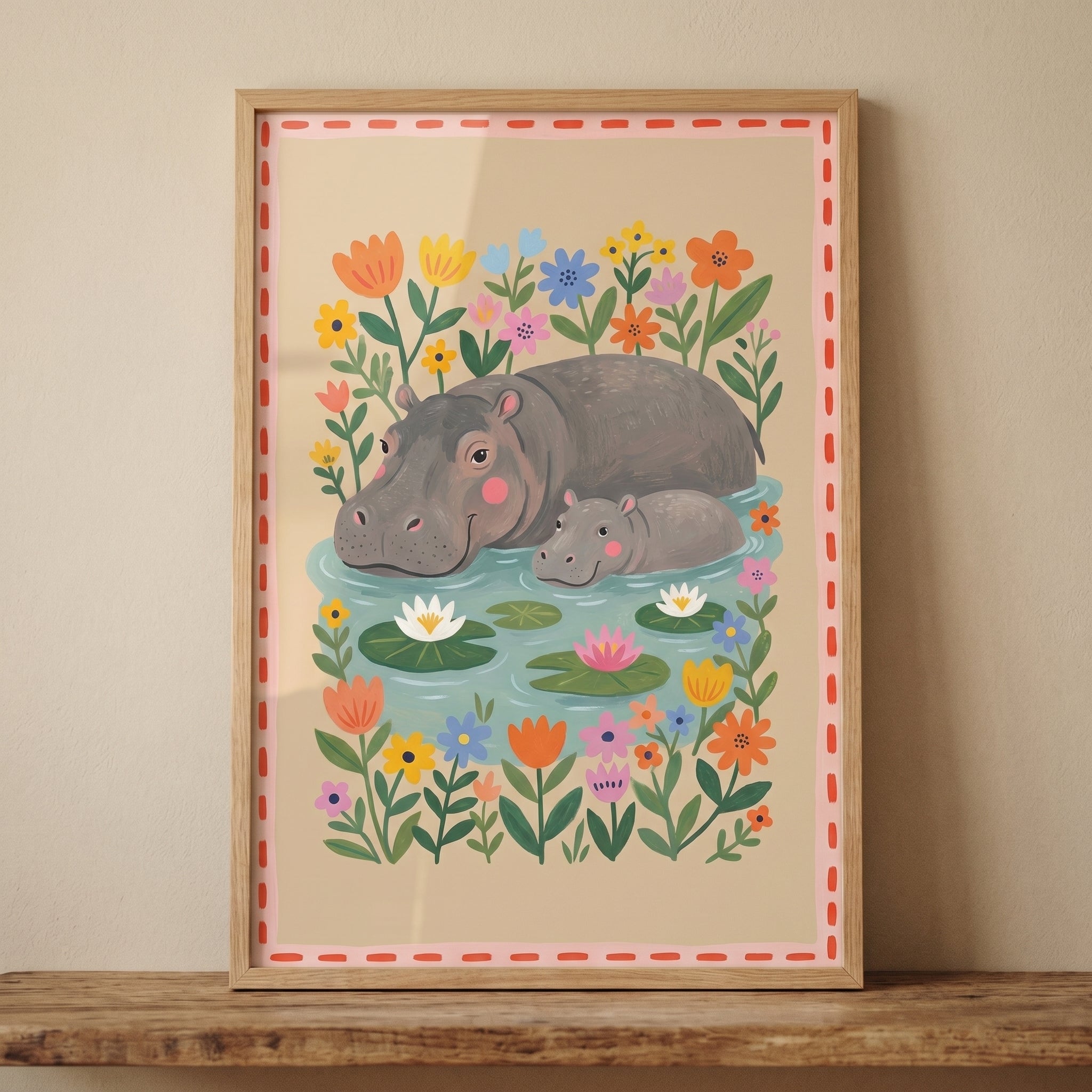 Folk Style Garden Hippo Artwork - Gentle Hippo Bond