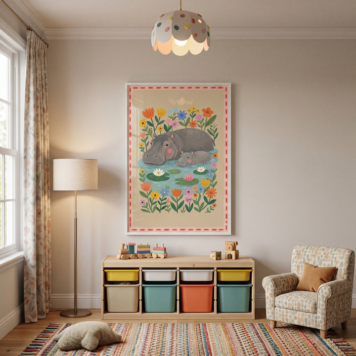 A cozy nursery featuring folk style garden hippo artwork, a wooden toy organizer, a patterned chair, and a striped rug.