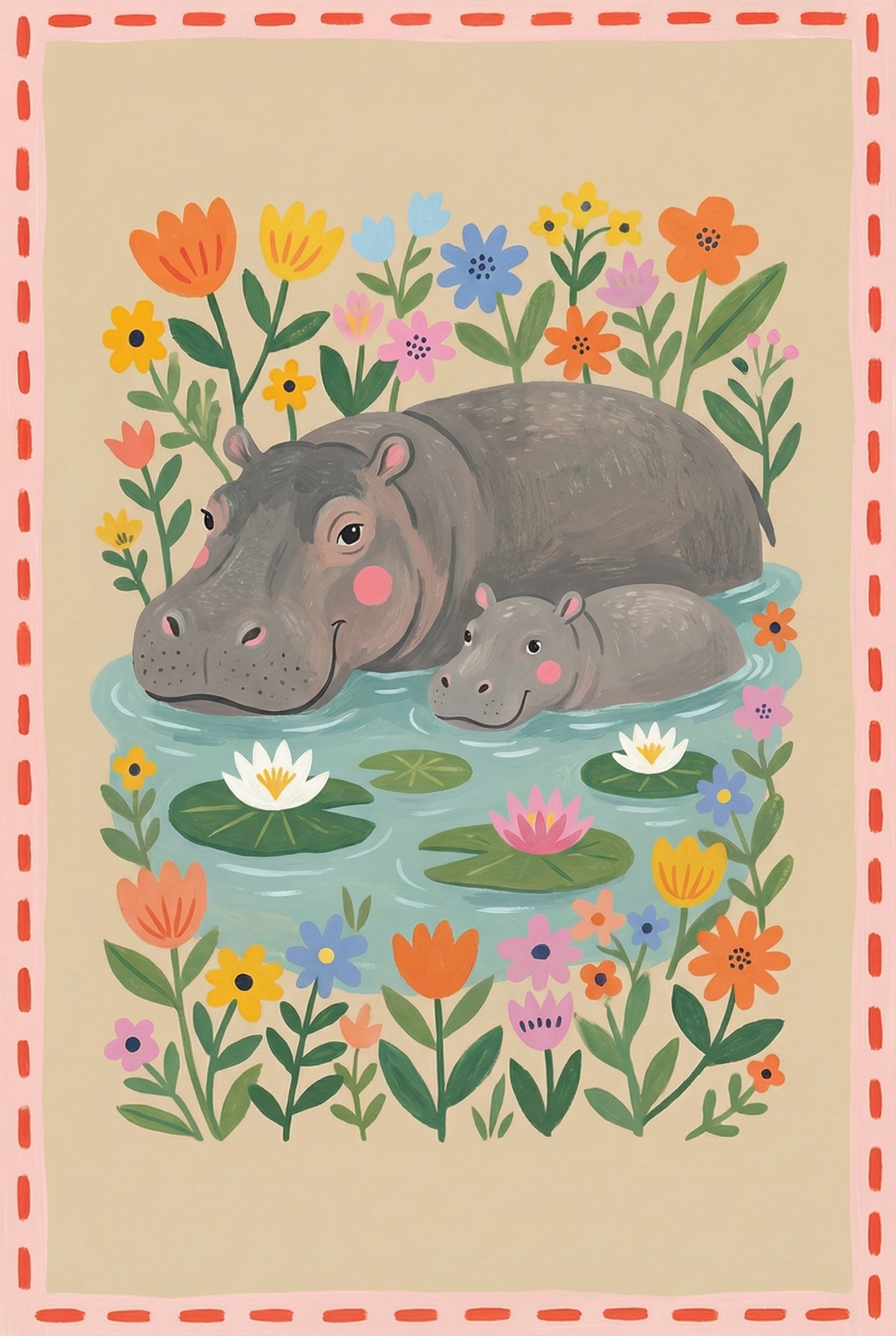 Folk Style Garden Hippo Artwork - Gentle Hippo Bond