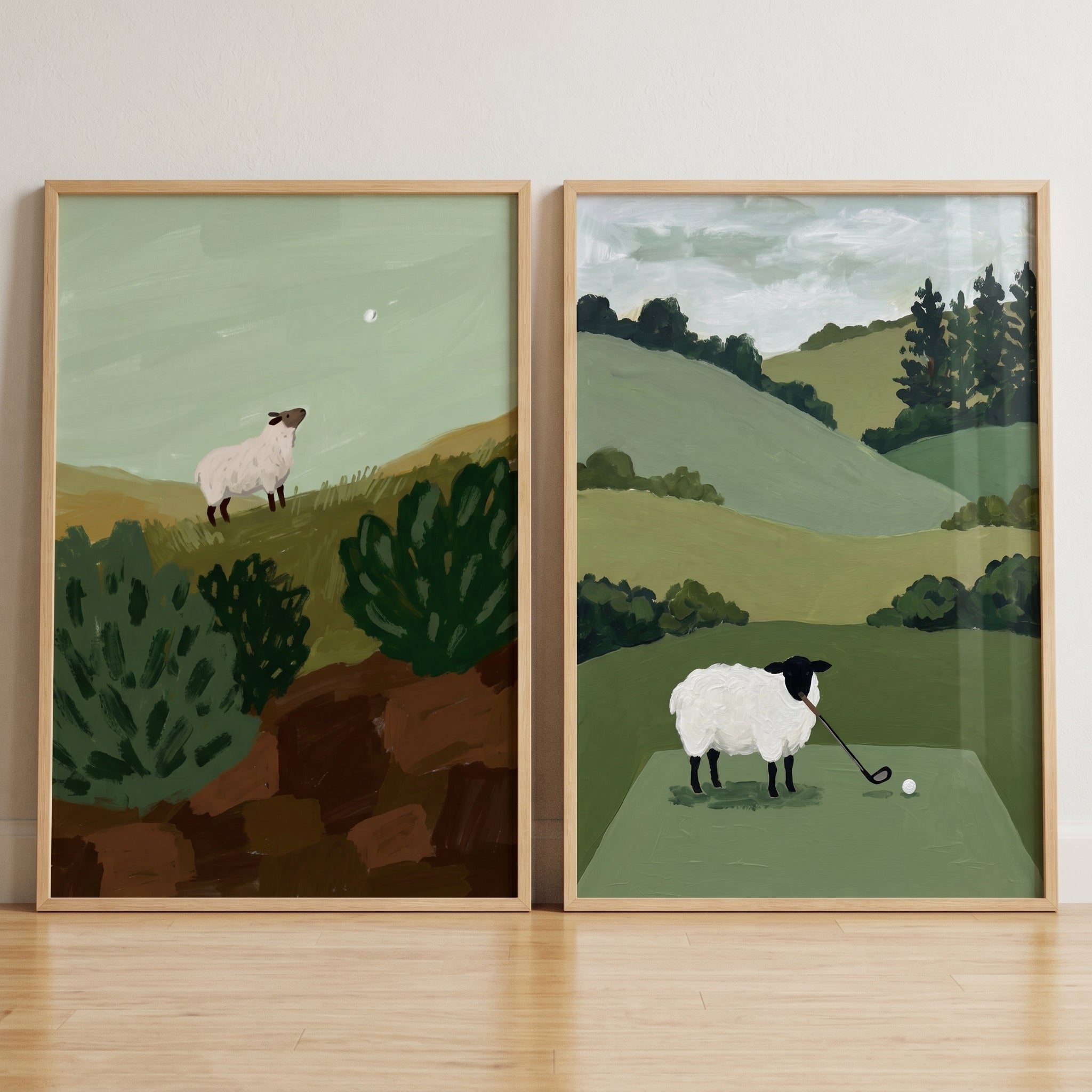 Folk Style Golfing Sheep Wall Art Set of 2 - Sheepish Swing