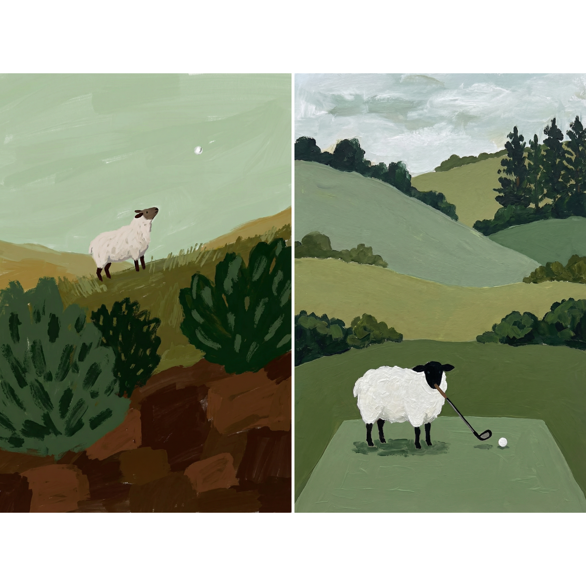 Folk Style Golfing Sheep Wall Art Set of 2 - Sheepish Swing