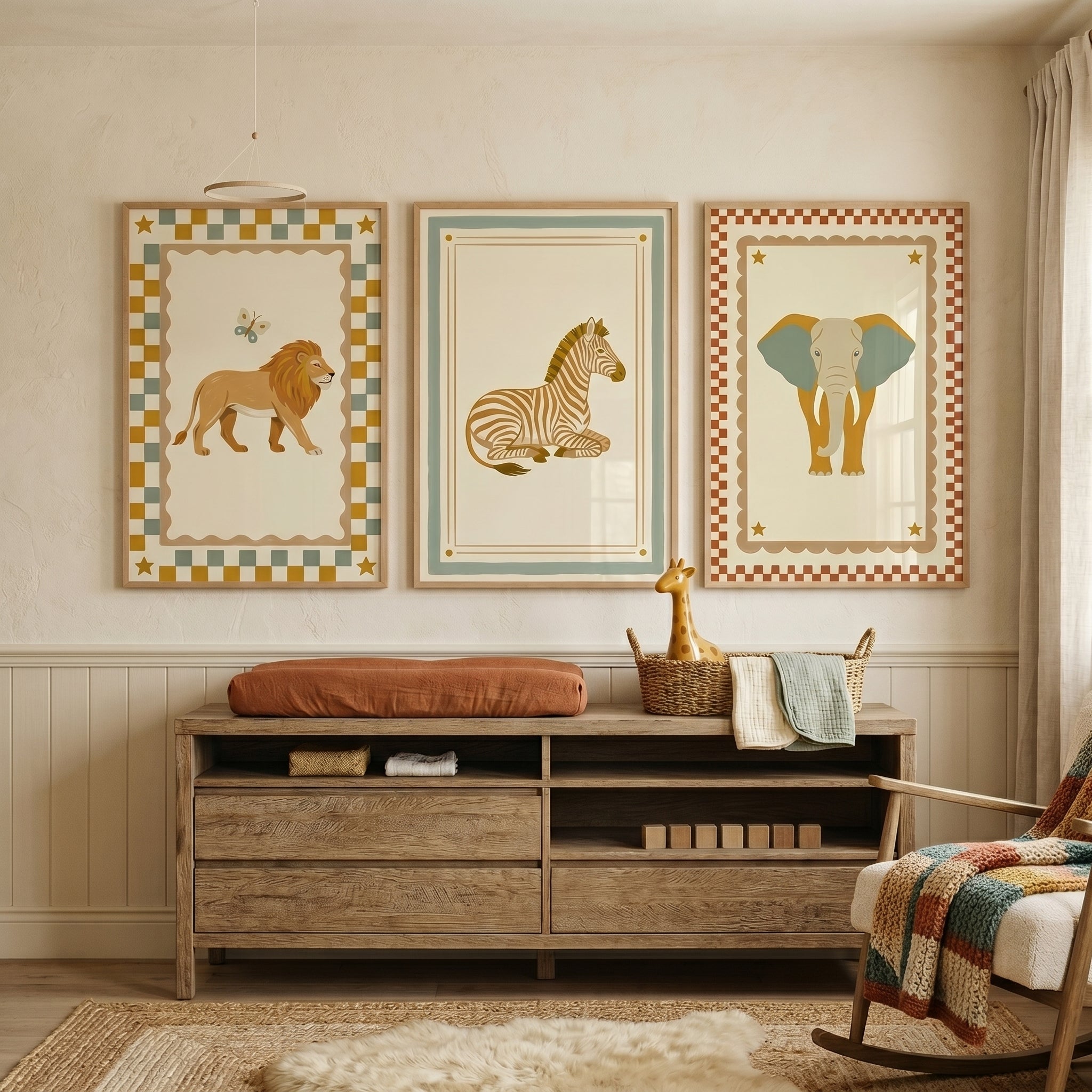 Folk Style Safari Animal Wall Art Set of 3 - Golden Savanna Friends