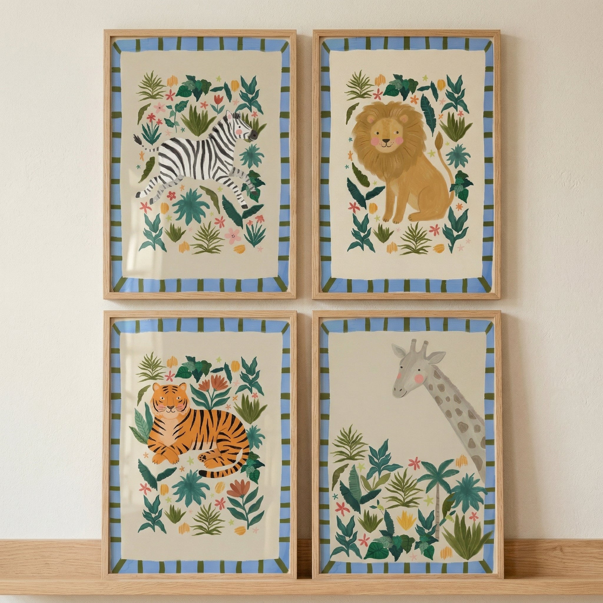 Folk Style Safari Animal Wall Art Set of 4 - Savanna Animal Prints