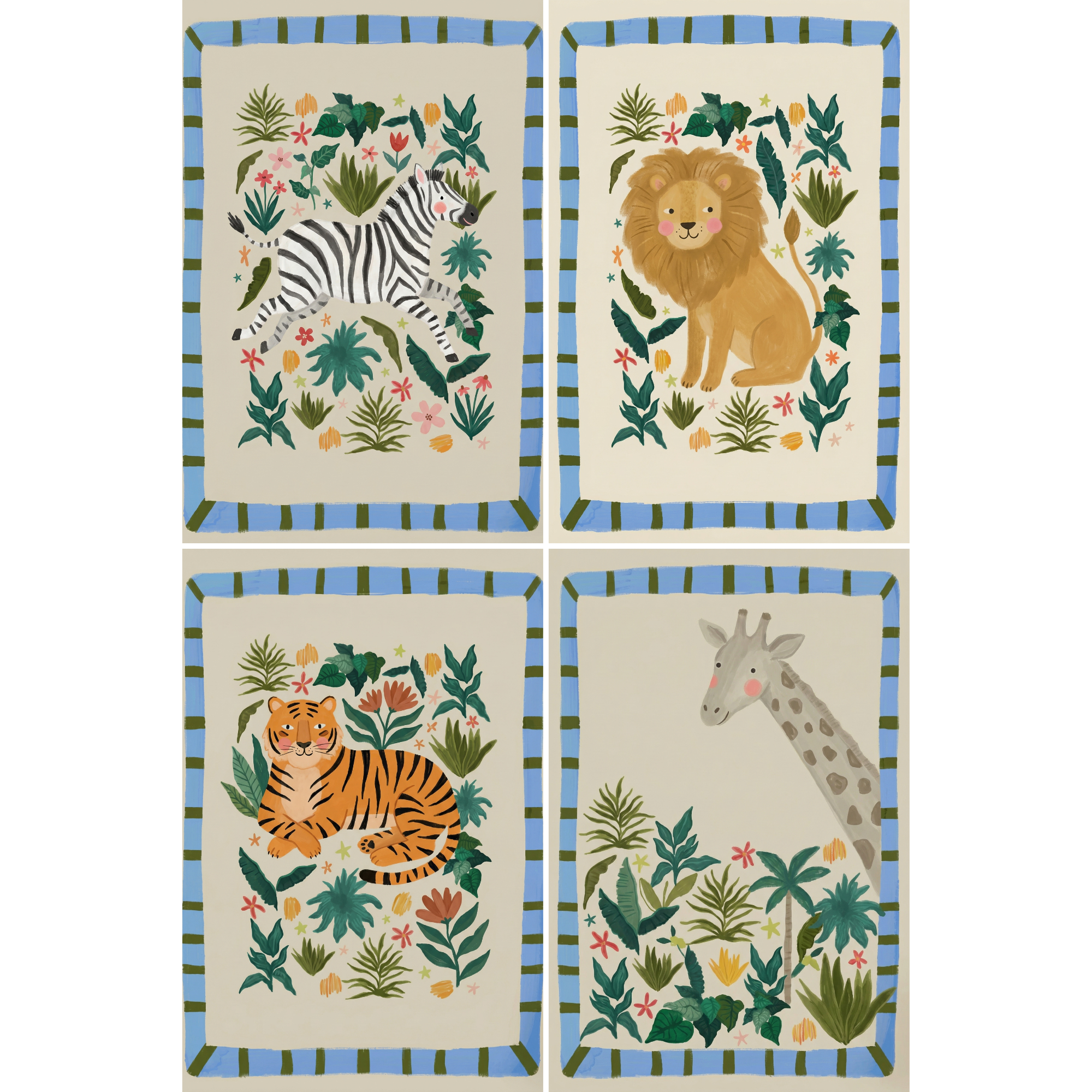 Folk Style Safari Animal Wall Art Set of 4 - Savanna Animal Prints