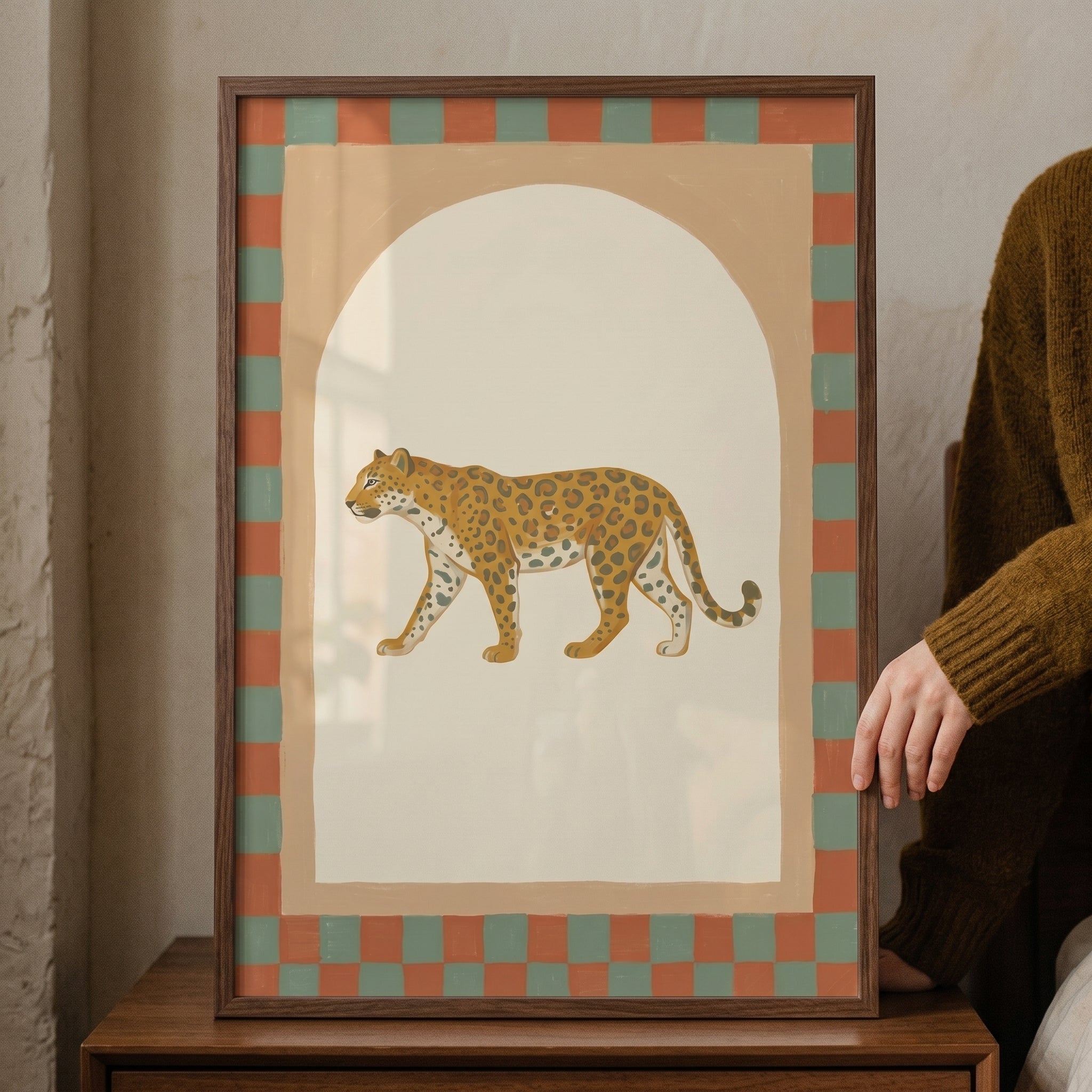 Folk Style Walking Leopard Wall Art - Golden Spotted Prowl