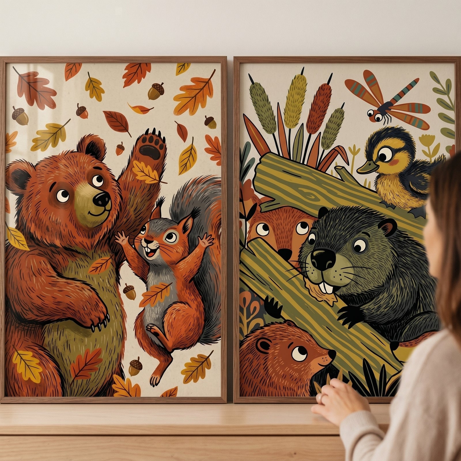 Folk style woodland animals wall art set of 2 featuring a bear, squirrel, beaver, and duck in whimsical forest scenes.