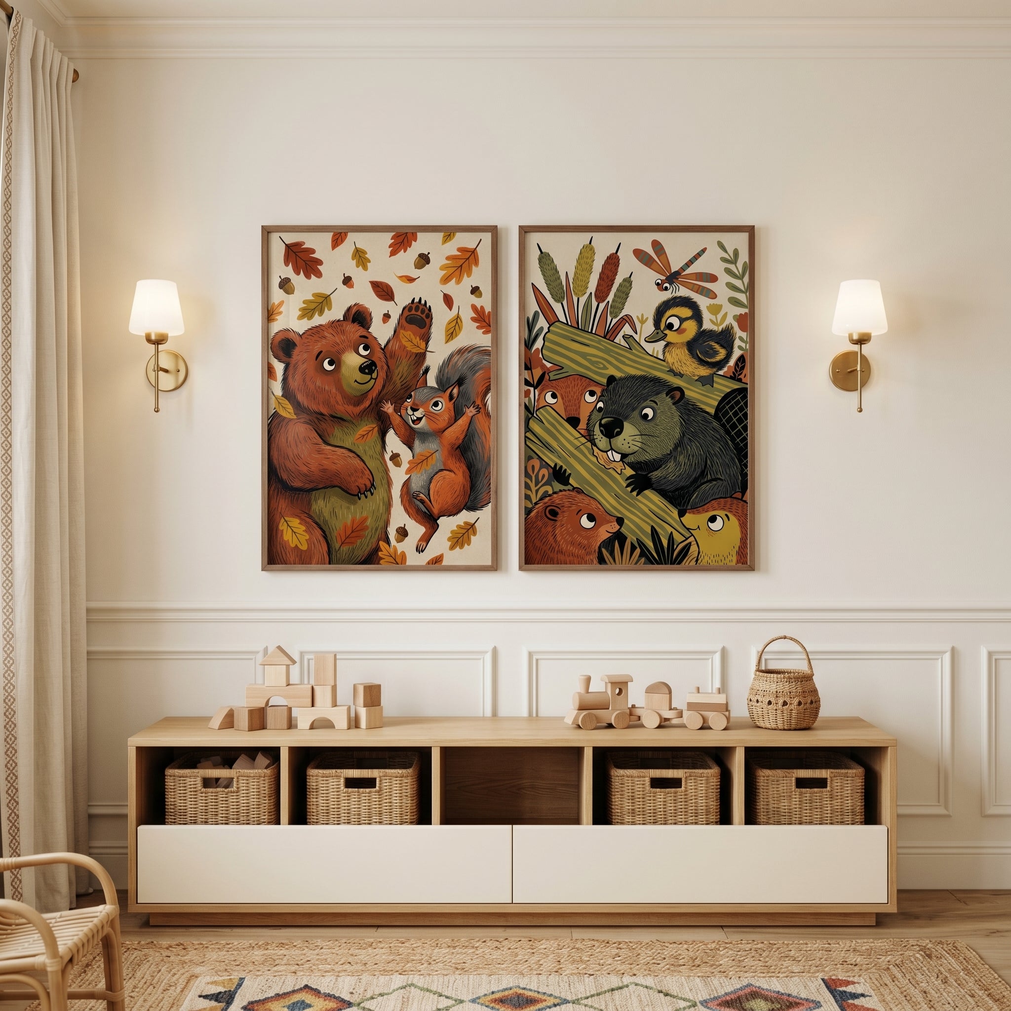 Folk Style Woodland Animals Wall Art Set Of 2 - Woodland Friends Fun