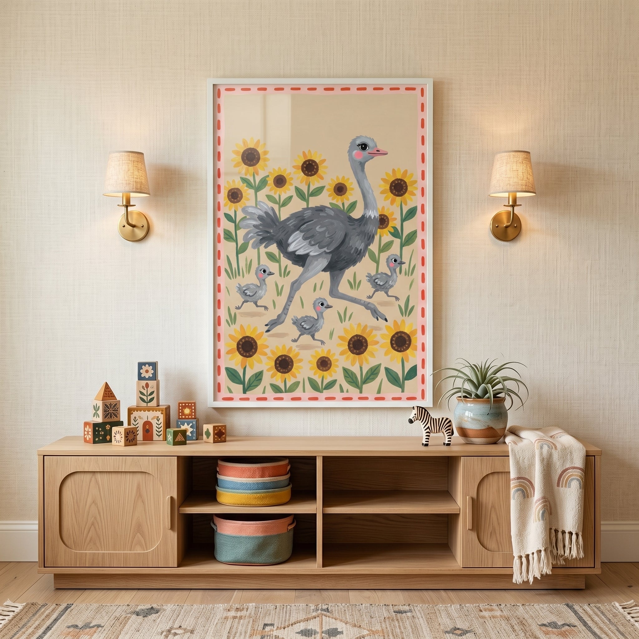 Folk sunflower garden ostrich wall art hangs above a wooden console table with toys, baskets, and a plant.