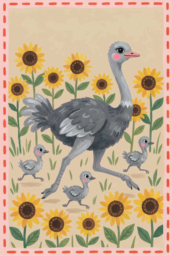 An adult ostrich and three chicks run through yellow sunflowers in this folk sunflower garden ostrich wall art.