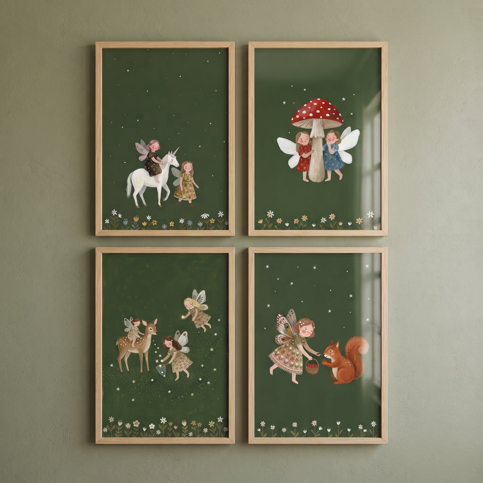 Folk whimsical forest fairies wall art set of 4 shows magical beings with a unicorn, deer, squirrel, and mushroom.