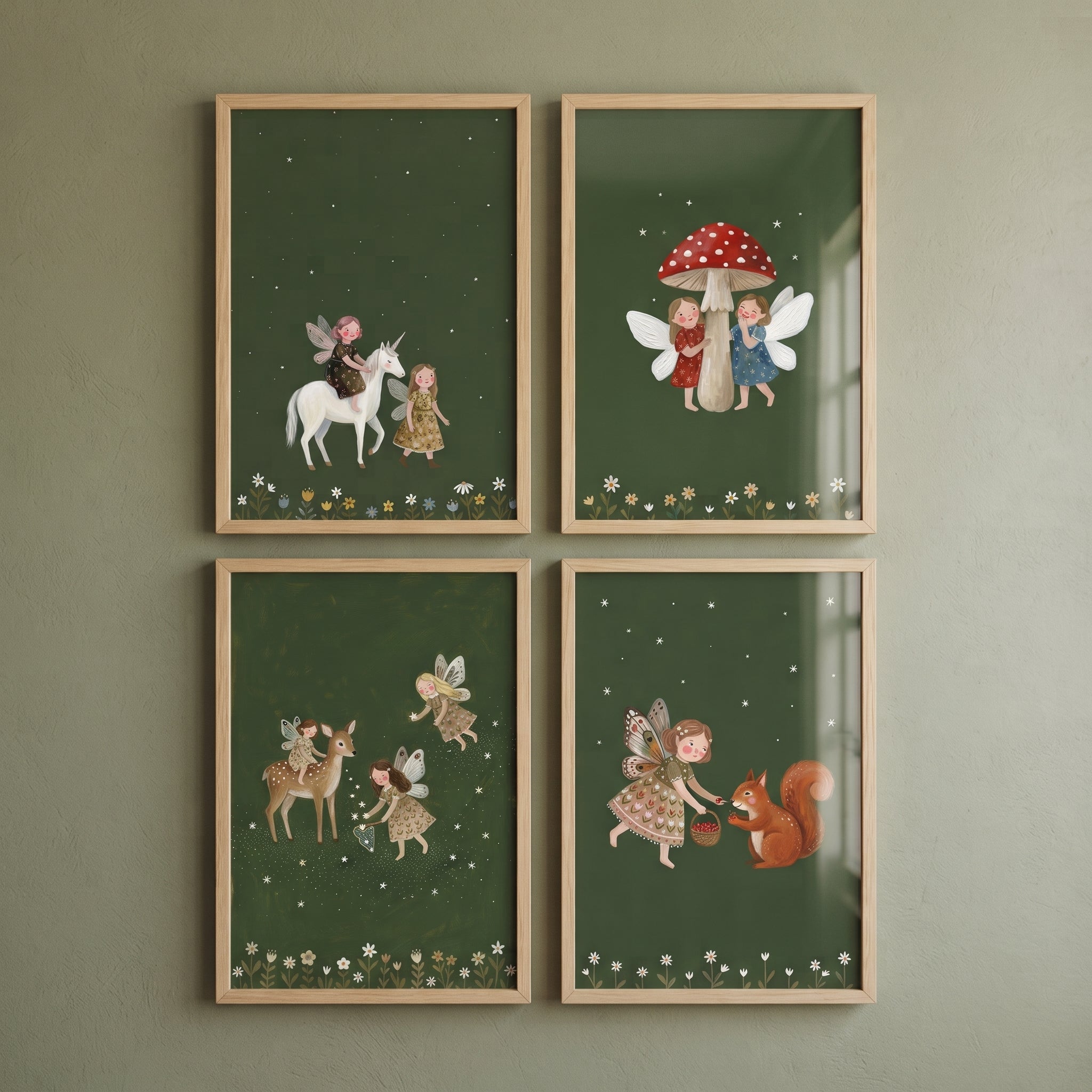 Folk Whimsical Forest Fairies Wall Art Set of 4 - Enchanted Forest Magic