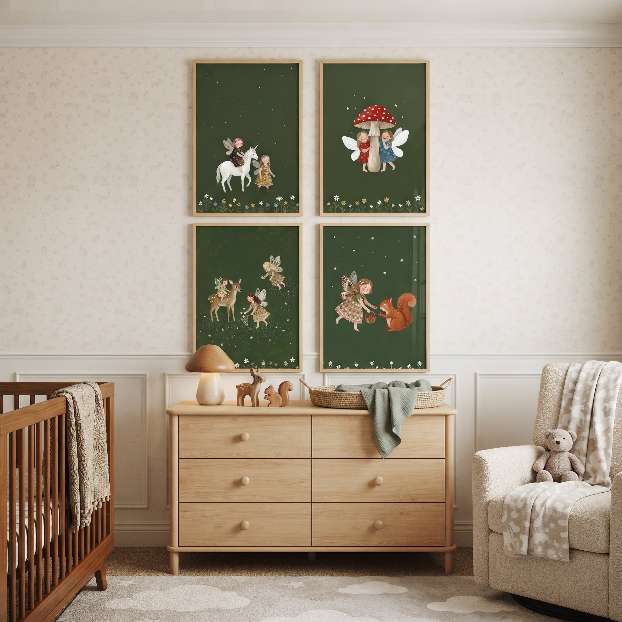 Folk Whimsical Forest Fairies Wall Art Set of 4 - Enchanted Forest Magic