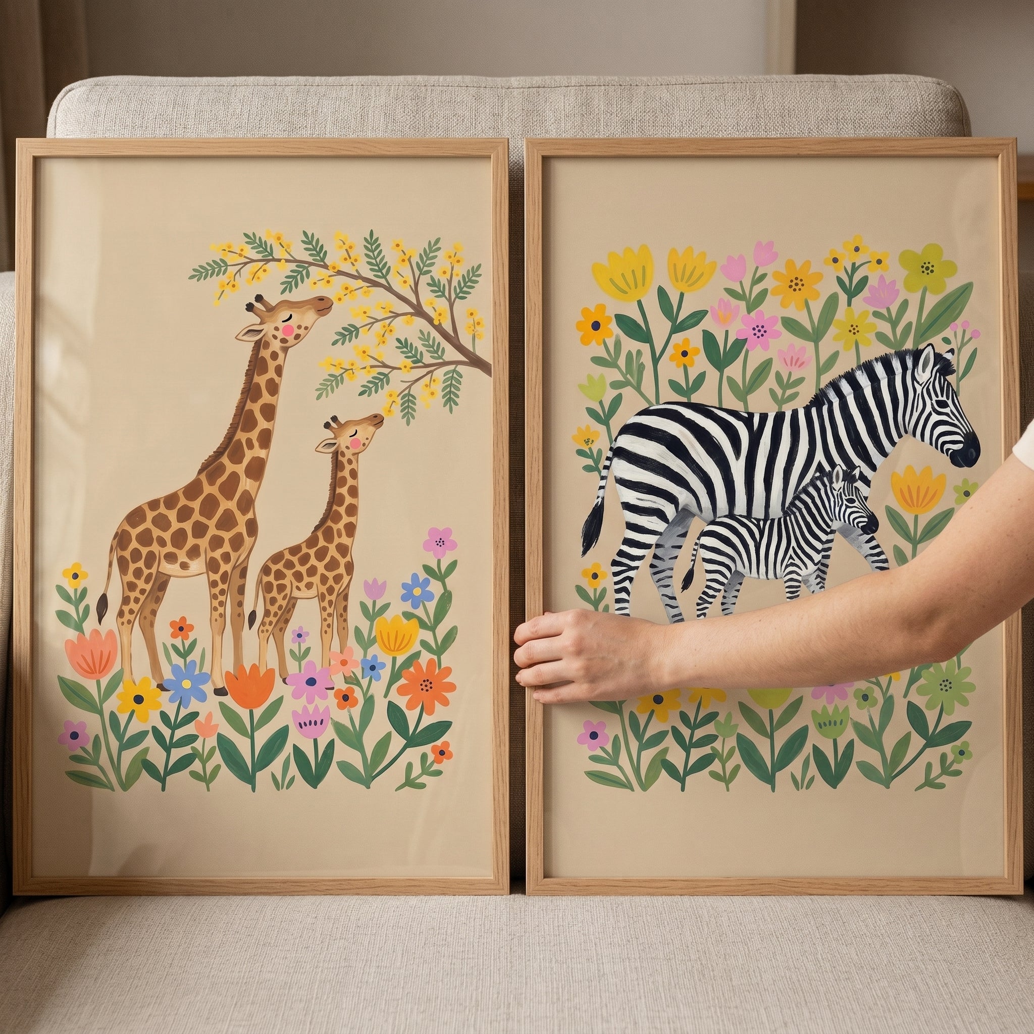 Folk Wildflower Safari Animal Wall Art Set Of 2 - Floral Safari Pairs