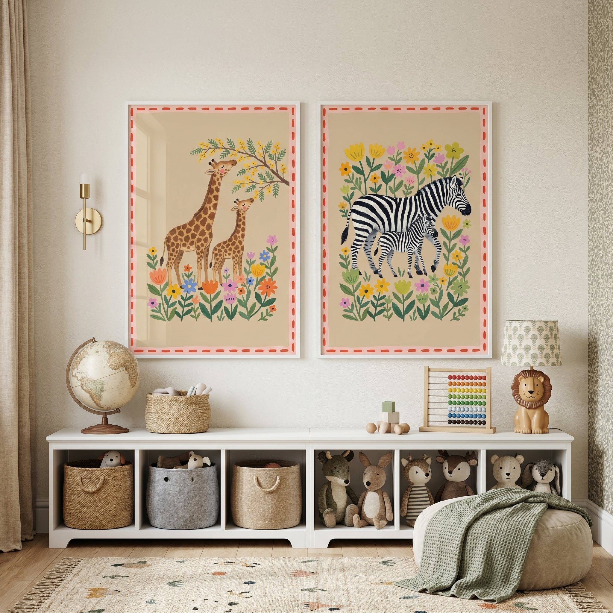 Folk Wildflower Safari Animal Wall Art Set Of 2 - Floral Safari Pairs