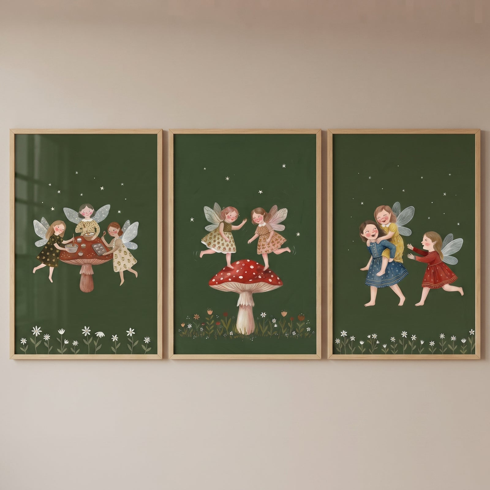 Folklore green forest fairies wall art set of 3 shows winged children playing and dancing on mushrooms against dark green.