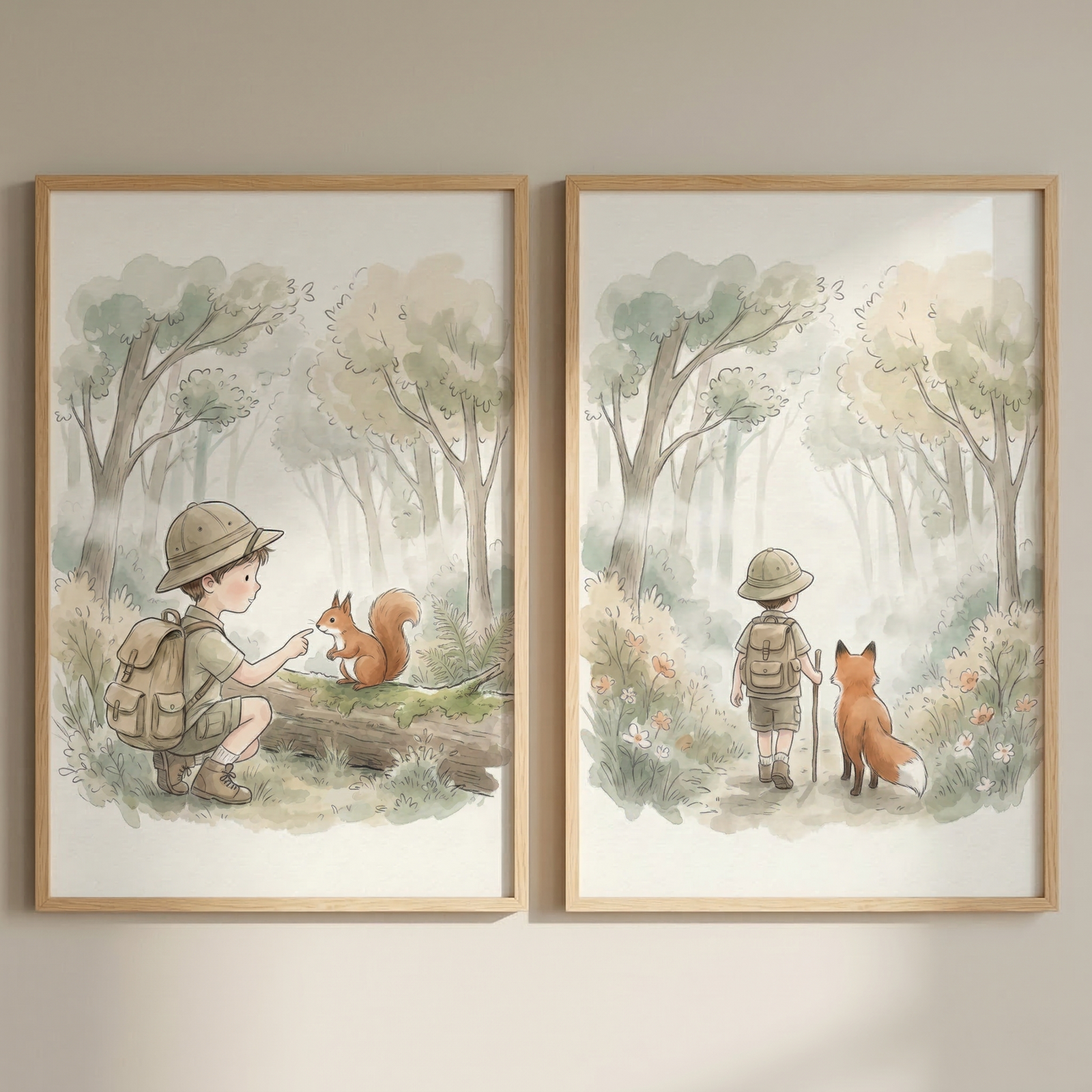 Two framed watercolor-style illustrations hung side-by-side on a light-colored wall. In the left frame, a young boy in explorer clothes and a backpack kneels in a misty forest, reaching out toward a squirrel on a log. In the right frame, the same boy is shown from behind as he walks down a forest path, followed by a red fox. The artwork features soft, muted colors and a whimsical, storybook feel.