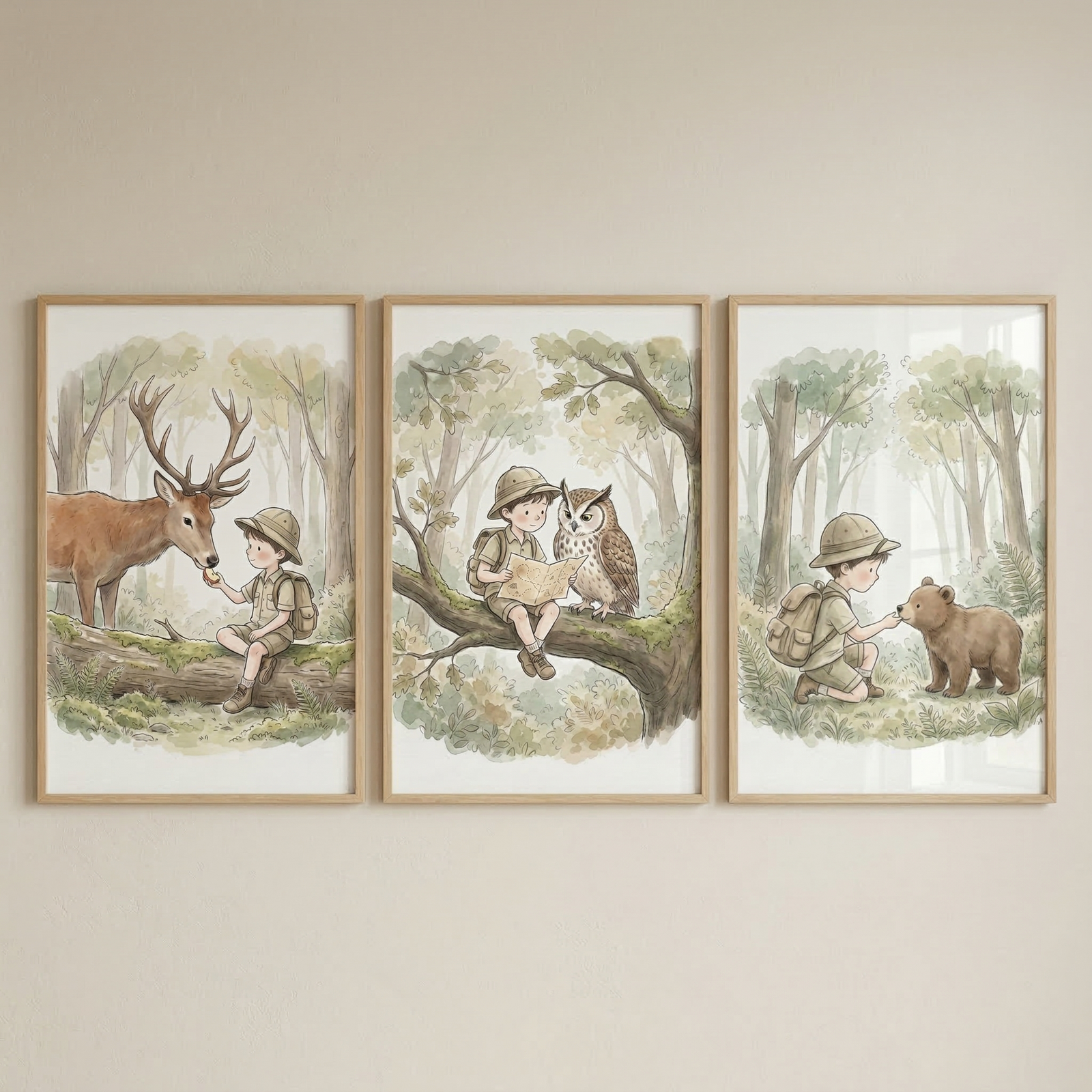 Three framed illustrations hang side-by-side on a light wall, featuring a young boy in explorer attire. In the first, he sits on a mossy log and feeds a deer with large antlers. The middle image shows him on a tree branch, sharing a map with a large owl. In the final scene, he kneels to greet a small brown bear cub. The artwork uses a soft watercolor style with muted greens and browns, creating a whimsical storybook feel that depicts a peaceful connection with woodland animals.