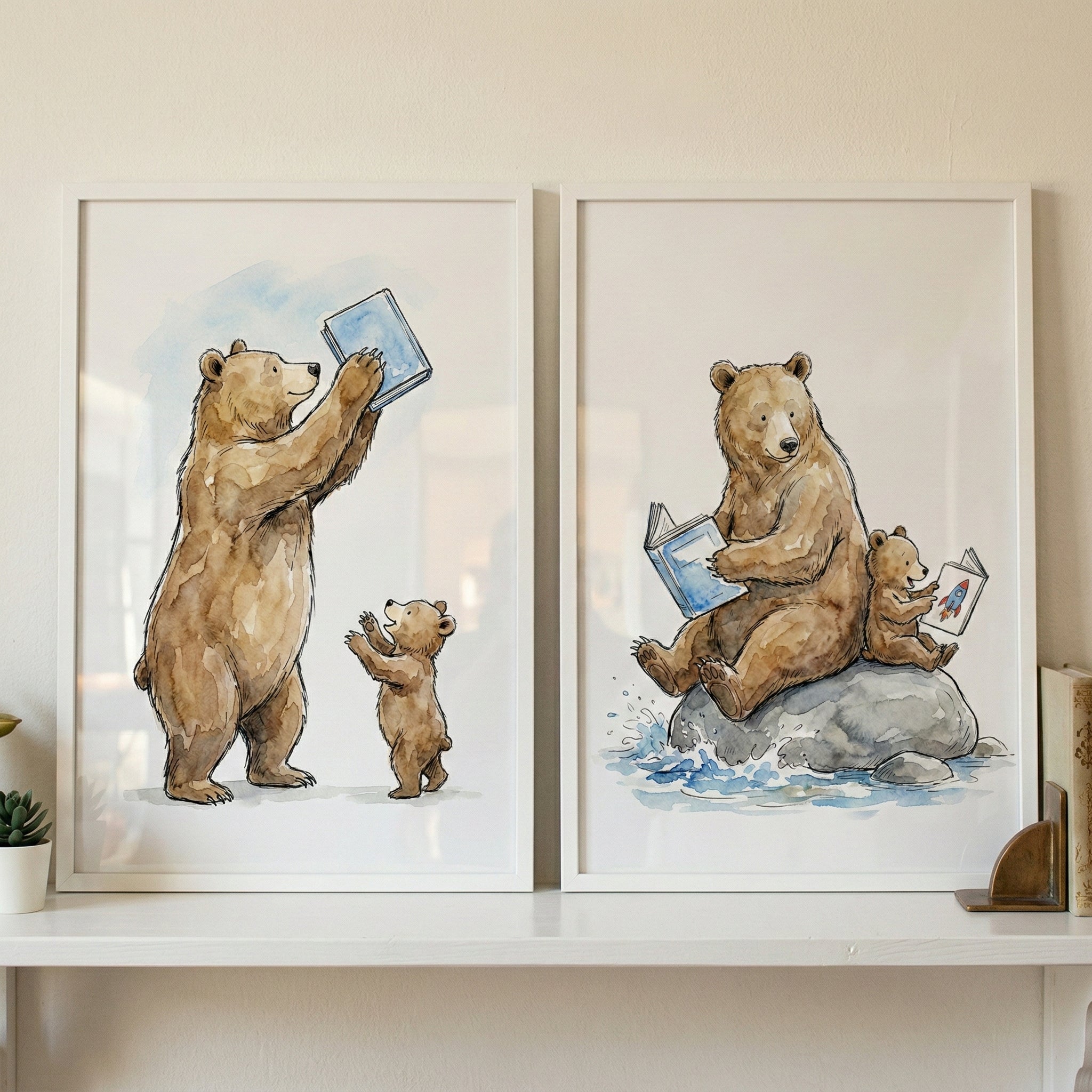 Forest Animal Reading Wall Art Set of 2 - Reading Bear Family
