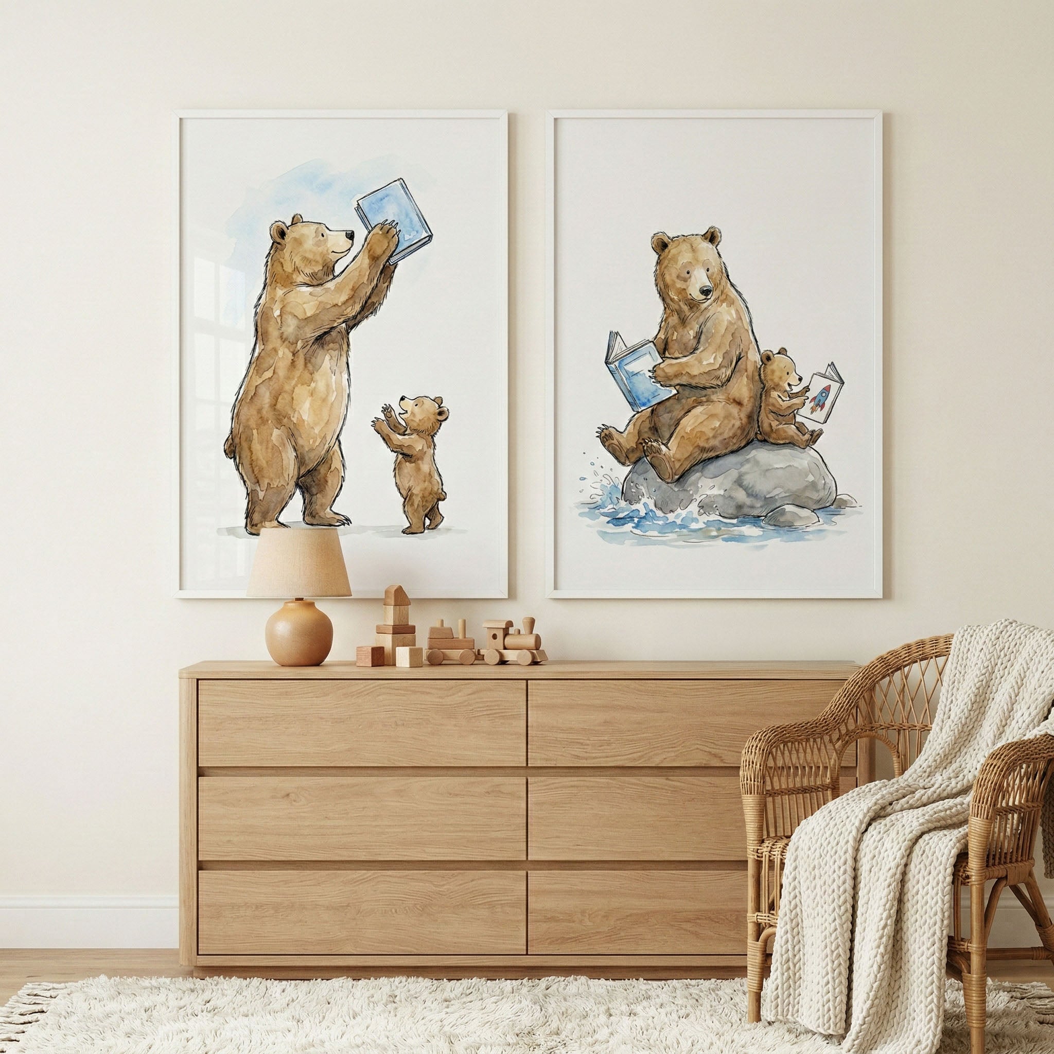 Forest Animal Reading Wall Art Set of 2 - Reading Bear Family