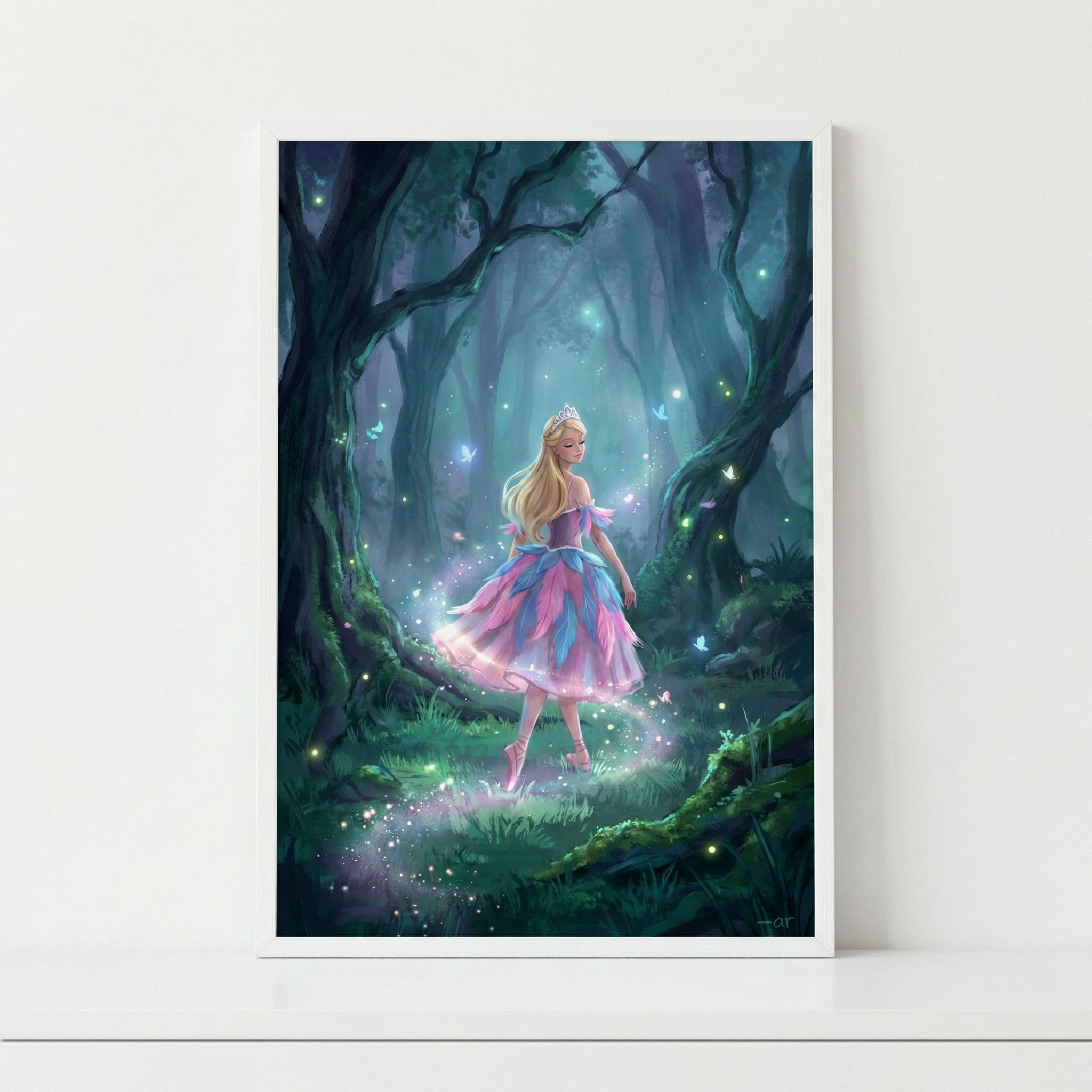 A digital illustration of a graceful blonde woman in a tiara and an iridescent pink and blue feathered dress, dancing through an enchanted forest. She wears ballet slippers and moves with light, airy steps. The dark woodland is filled with gnarled trees, glowing fireflies, and small shimmering butterflies. A trail of sparkling light follows her path across the forest floor. The scene is bathed in a soft, magical glow of cool blues and greens, creating a dreamlike atmosphere.