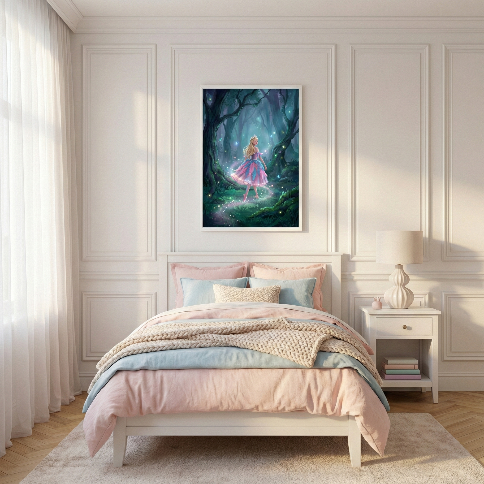 A bright bedroom featuring soft pastel colors. A white bed frame holds pink and blue linens with a chunky knit throw. On the paneled wall above the bed hangs a framed illustration of a blonde-haired girl in a vibrant pink and purple gown walking through an enchanted, dark forest filled with tiny glowing lights. To the right, a white nightstand sits with a lamp. Soft light enters through sheer curtains on the left, highlighting the hardwood floor and elegant wall molding.