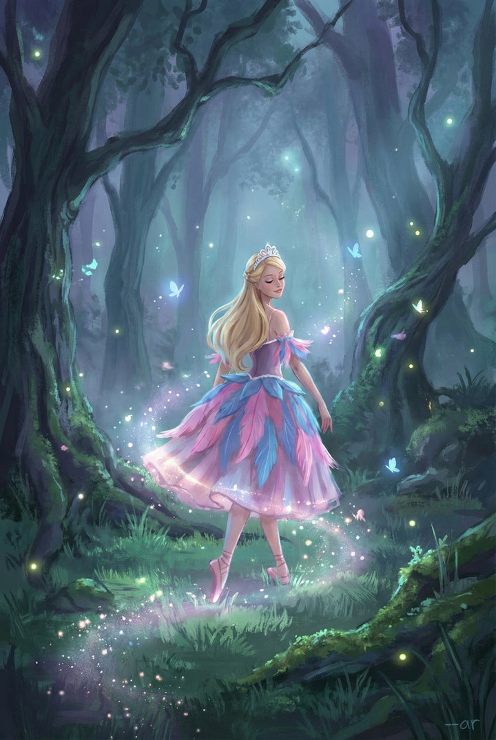 A blonde ballerina in a feathered pink and blue dress walks through a misty forest glowing with tiny lights. Butterflies flutter around her as she steps along a soft green path illuminated by magical sparkles.

