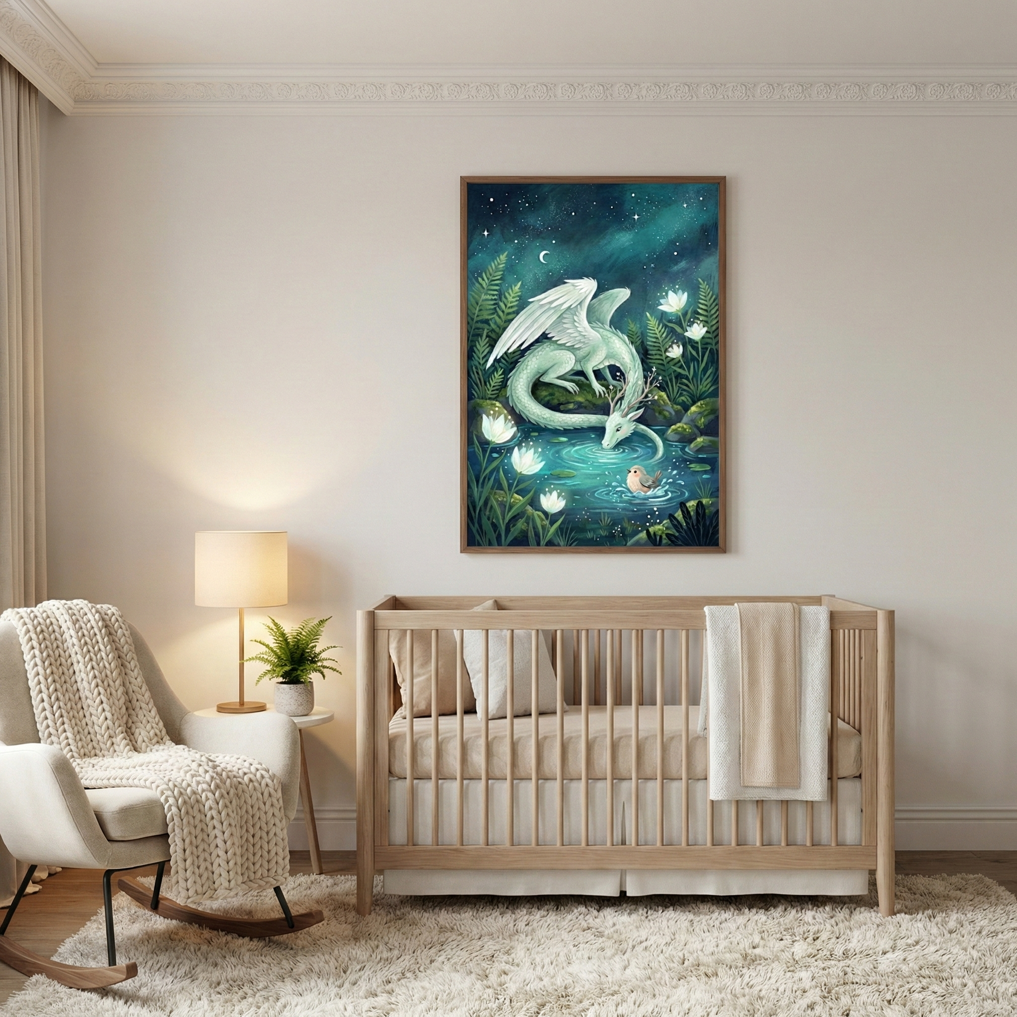 A serene nursery features a light wood crib with neutral bedding and a white rocking chair with a chunky knit throw. A small table beside the chair holds a lamp and a potted plant. Above the crib hangs a framed illustration of a white-winged mythical creature drinking from a bioluminescent pond in a lush, dark forest under a starry night sky. The room has light walls with elegant molding and a plush white rug.