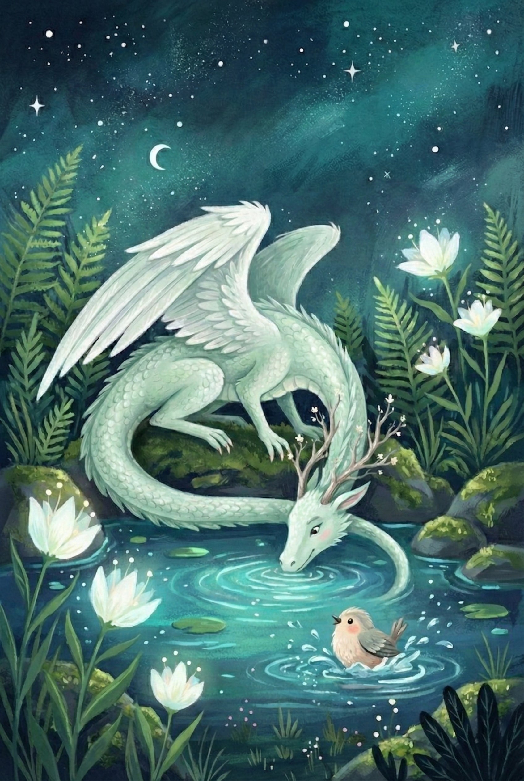 A whimsical illustration depicts a graceful, light-colored dragon with feathered wings and blossoming antlers. The creature bends its long neck to touch a quiet forest pond, creating gentle ripples. A small, round bird chirps and splashes in the water nearby. The nocturnal setting features a dark teal sky filled with stars and a crescent moon. Luminous white flowers and thick ferns frame the scene, which is rendered in a soft, magical style with an ethereal, calming glow.