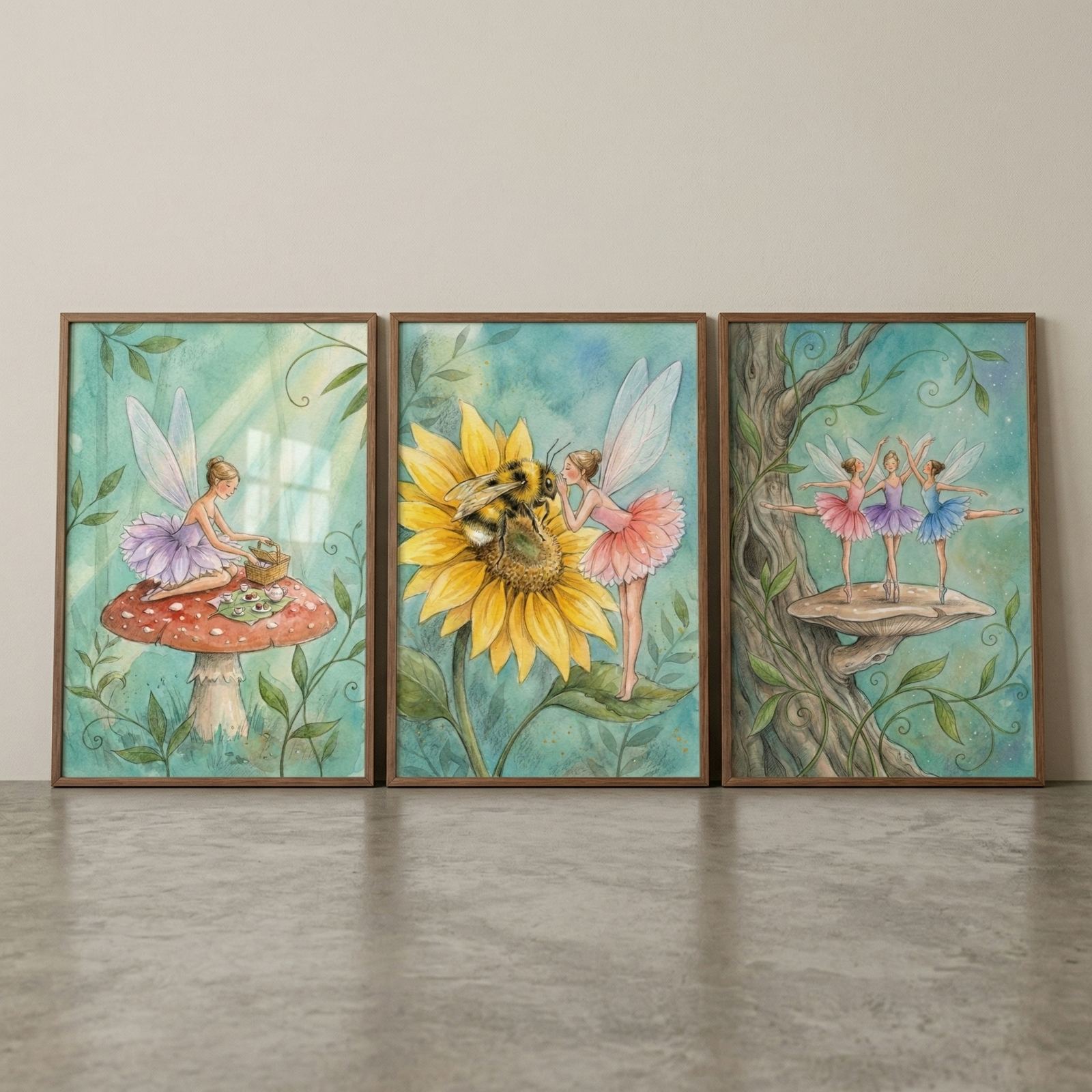 A triptych of three vertically oriented framed illustrations is displayed side-by-side against a neutral wall on a polished floor. Each piece features whimsical winged figures in a soft, teal-toned garden setting. In the first frame on the left, a winged figure in a lavender dress sits on top of a large red-and-white spotted mushroom, holding a small basket. The middle frame shows a large, vibrant yellow sunflower with a bumblebee in its center, while a pink-clad winged figure stands nearby on a leaf. 