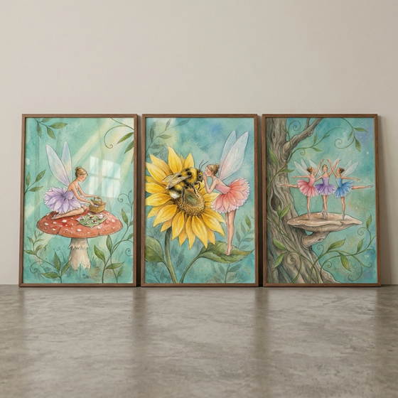 A triptych of three vertically oriented framed illustrations is displayed side-by-side against a neutral wall on a polished floor. Each piece features whimsical winged figures in a soft, teal-toned garden setting. In the first frame on the left, a winged figure in a lavender dress sits on top of a large red-and-white spotted mushroom, holding a small basket. The middle frame shows a large, vibrant yellow sunflower with a bumblebee in its center, while a pink-clad winged figure stands nearby on a leaf. 