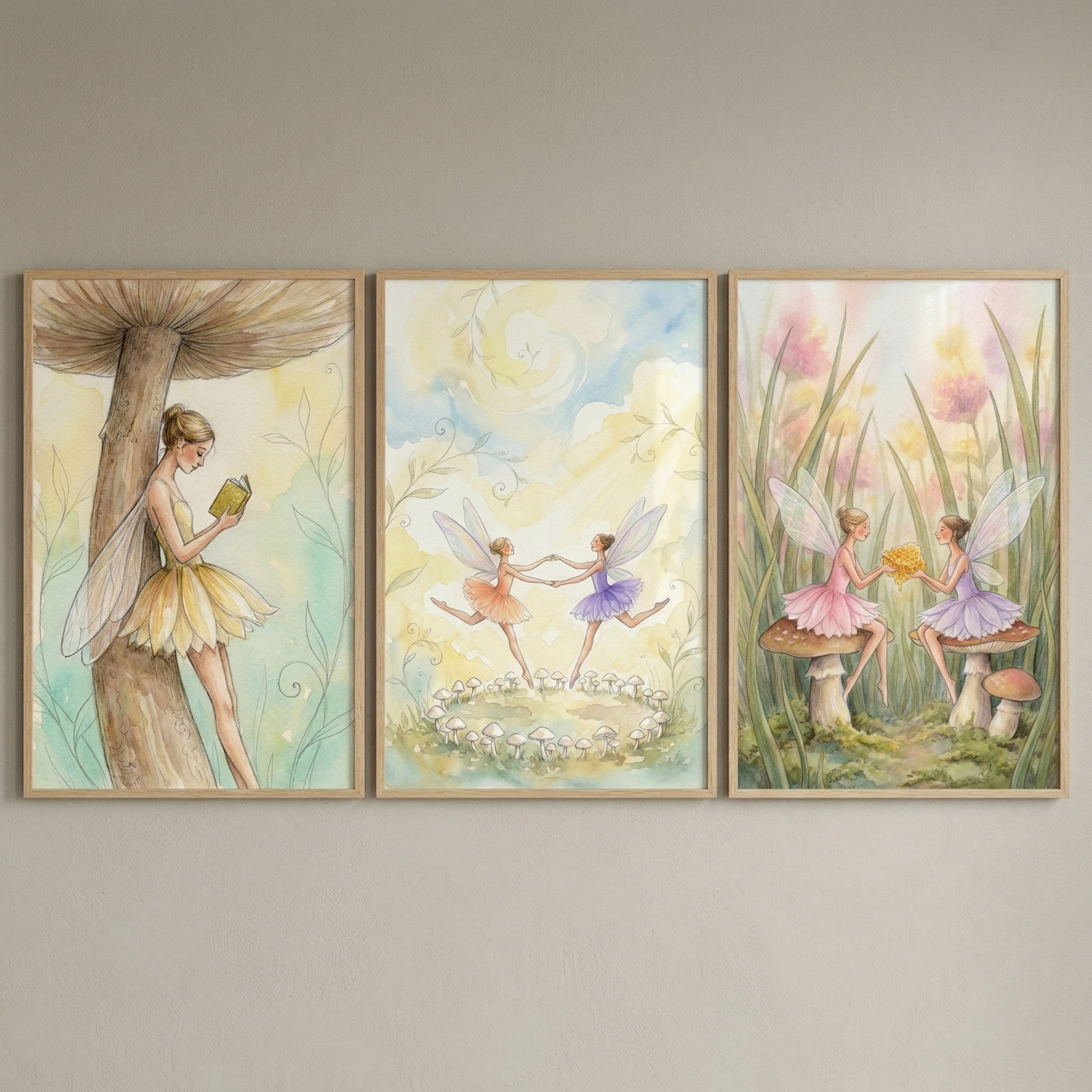 A triptych of framed wall art in a delicate watercolor style. The left panel features a fairy in a yellow petal skirt leaning against a giant mushroom while reading a book. The center panel shows two fairies in peach and lavender dresses holding hands and dancing over a ring of small mushrooms. The right panel depicts two fairies sitting atop mushroom caps in a meadow of tall grass and pink flowers. The collection uses soft pastel tones and ethereal light throughout.